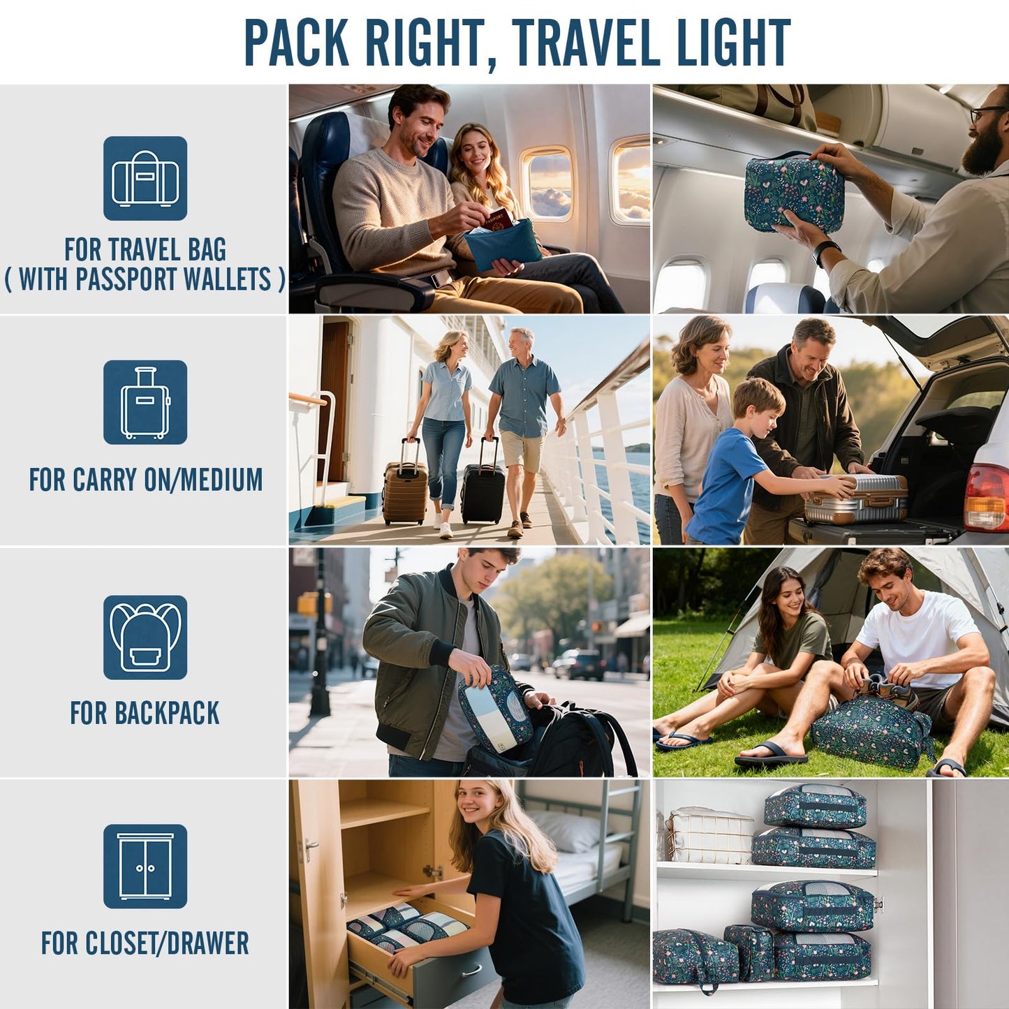 Veken 8 Set Packing Cubes for Travel Essentials, Suitcase Organizer Bags in 4 Sizes, Carry-On Luggage Accessories with Large Laundry & Hanging Toiletry Bag, Must-Have for Airplane, Road Trip & Camping
