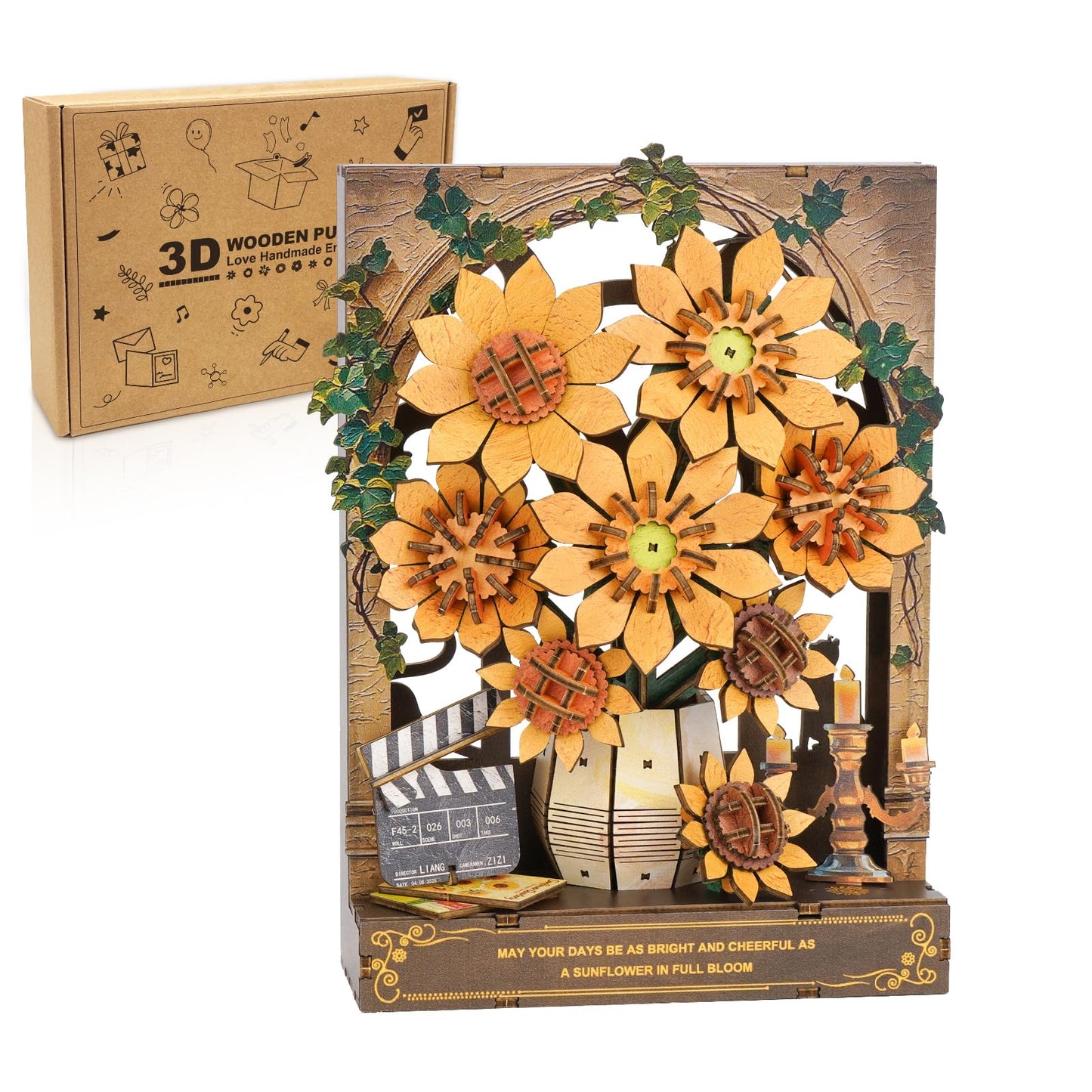 Cutywood 3D Wooden Puzzles for Adults - Sunflower 3D Art Wall Decor with LED Light, DIY Wooden Flowers Model Kit Building Set Crafts for Adults to Build Ideal Creative Gift for DIY Lovers