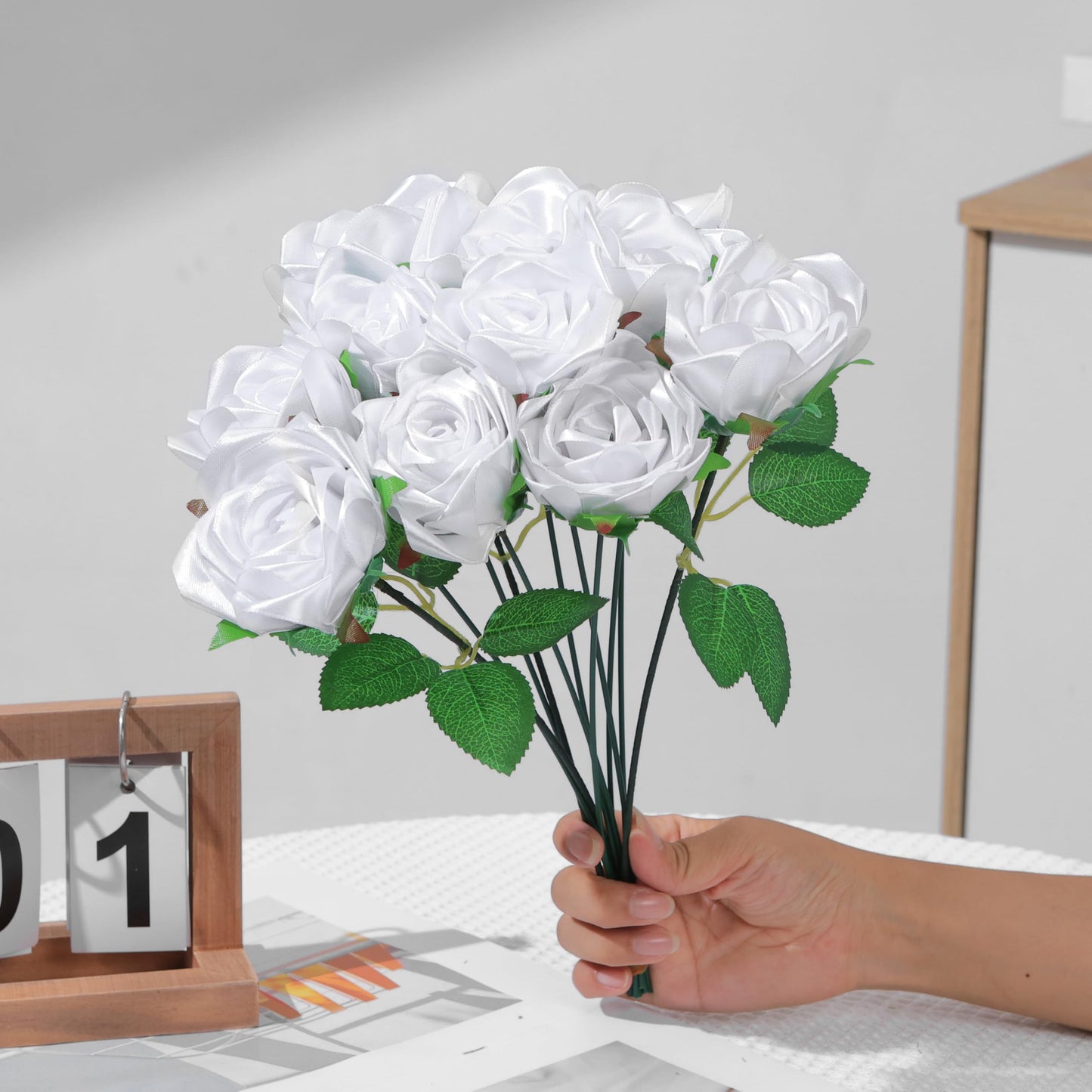 LatinaFlorista 300Pcs Premade Satin Ribbon Rose Petals Half-Finished for Eternal Rose DIY Ramos Forever Flowers Bouquets Everlasting Floral,for Wedding,Anniversary,Birthday (300 Pcs White)