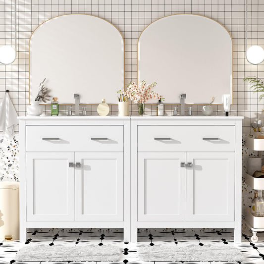 Favfurish 60" Double Bathroom Vanity,Free Standing Double Basin Vanity Set w/ 2 Ceramic Sinks,Adjustable Shelf & Soft Close Doors,Solid Wood Frame Storage Cabinet w/Flip Drawer,for Bathroom,White