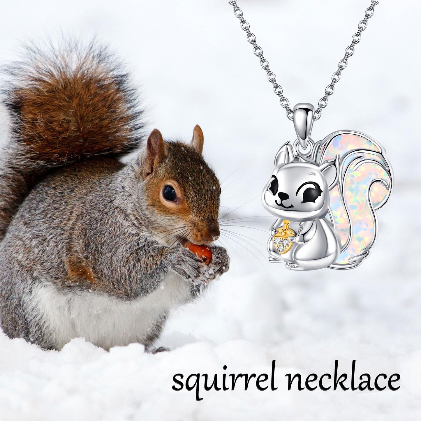 YAFEINI Squirrel Necklace 925 Sterling Silver Opal Squirrel Pendant Necklace Opal Jewelry for Women Squirrel Lovers Christmas Birthday Gift