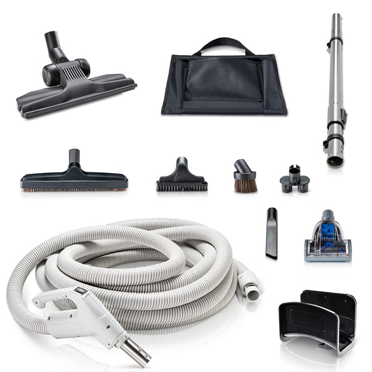 Prolux 30 ft Universal Central Vacuum Kit with Suction Driven Turbo Nozzles - Central Vacuum Hose for Versatile Cleaning on Surfaces - Convenient Central Vac Tools for Upholstery, Stairs & Hard Floors