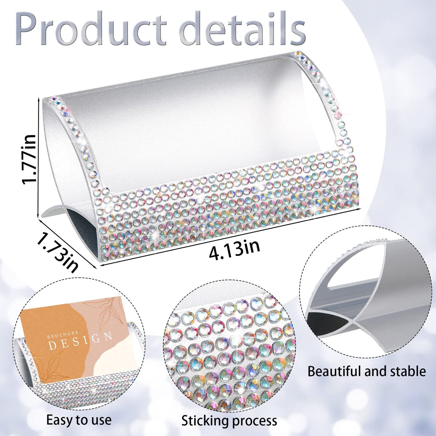 Fuutreo 2 Pcs Bling Aluminum Business Card Holder AB Color Name Card Display Desktop Rhinestone Table Business Organizer for Desk Display Stand Accessories (1 Groove)