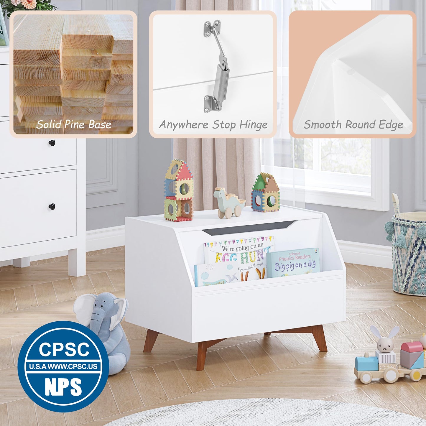 UTEX Kids Toy Box, Wooden Toy Chest, Kids Storage Organizer Bench with Front Book Storage Area for Boys and Girls, Children's Furniture, White