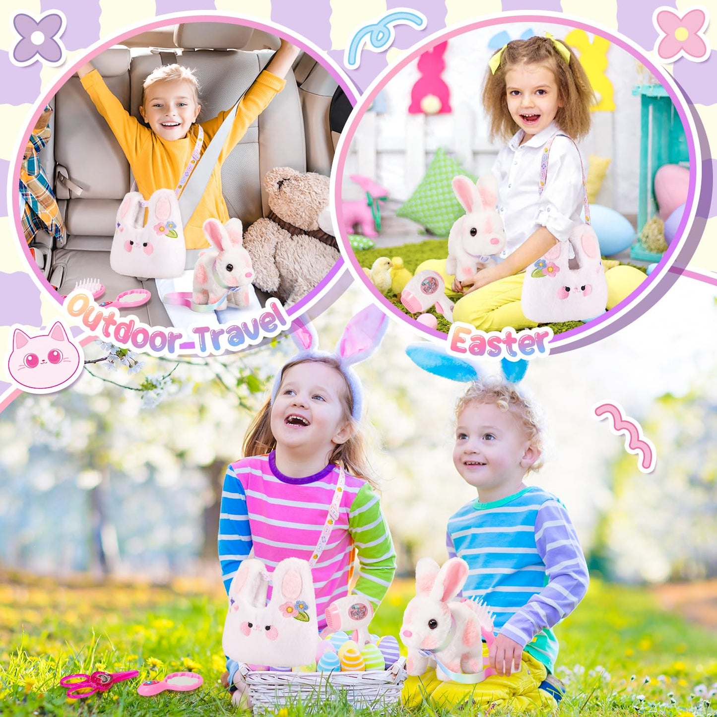 NINAOR Easter Hopping Bunny Toy for Kids with Crossbody Bags, Interactive Wiggle Ears Rabbit Toy for Girls Trip Pretend Play Robot Pet Care Cute Stuff Plushies Birthday Gifts Easter Basket Stuffers