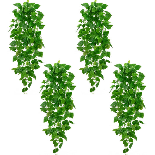 BLEUM CADE 4Pcs Fake Hanging Plants, 9 Branch Artificial Hanging Plant, Lush Faux Pothos Vines for Home Room Wall Shelf Porch Outdoor Indoor Decor (No Baskets)
