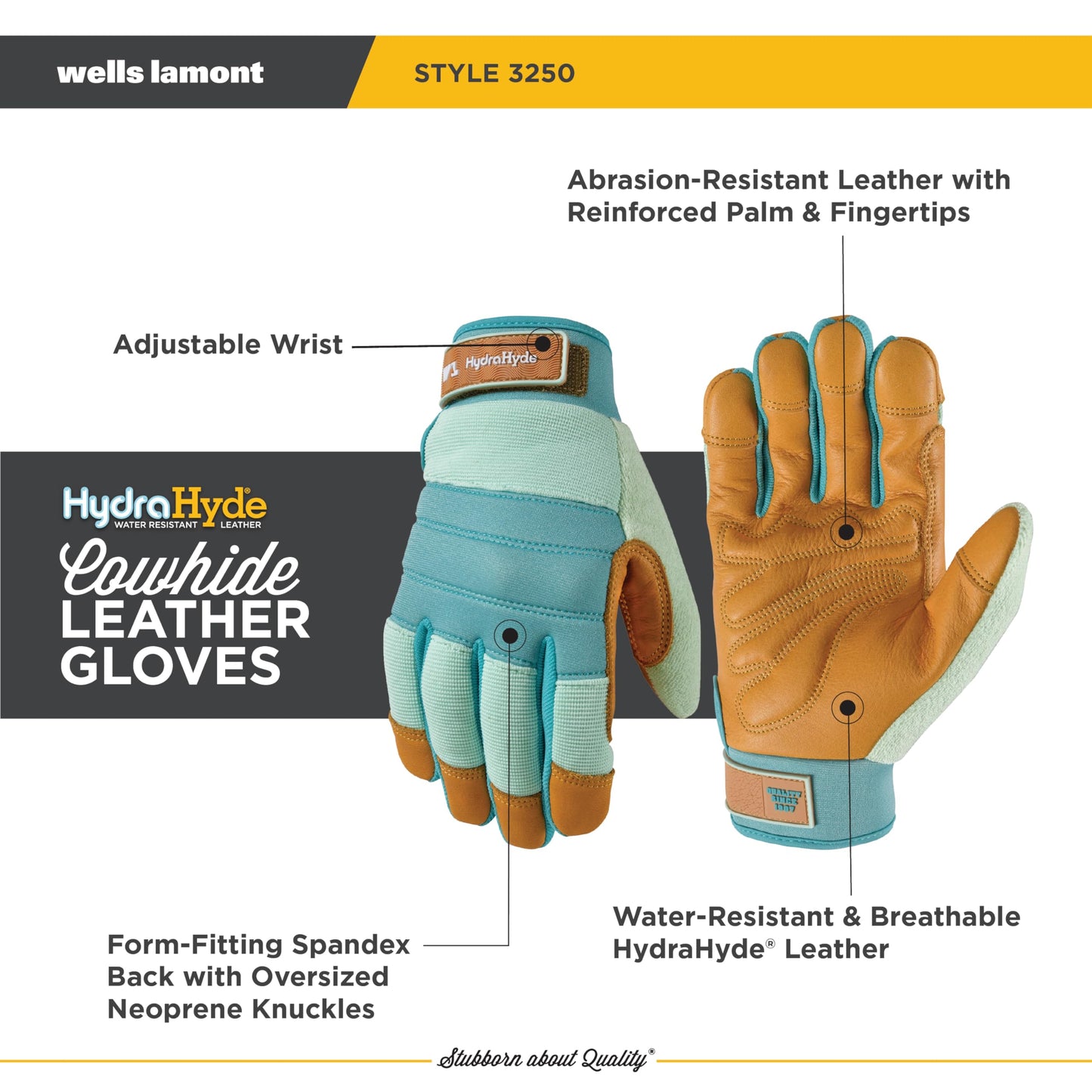 Wells Lamont Women's HydraHyde Leather Hybrid Gloves – Water-Resistant, Durable Cowhide Palm, Spandex Stretch Back – Ideal Landscaping/Farming/Gardening Gloves – Adjustable Wrist – Small, Blue (3250S)