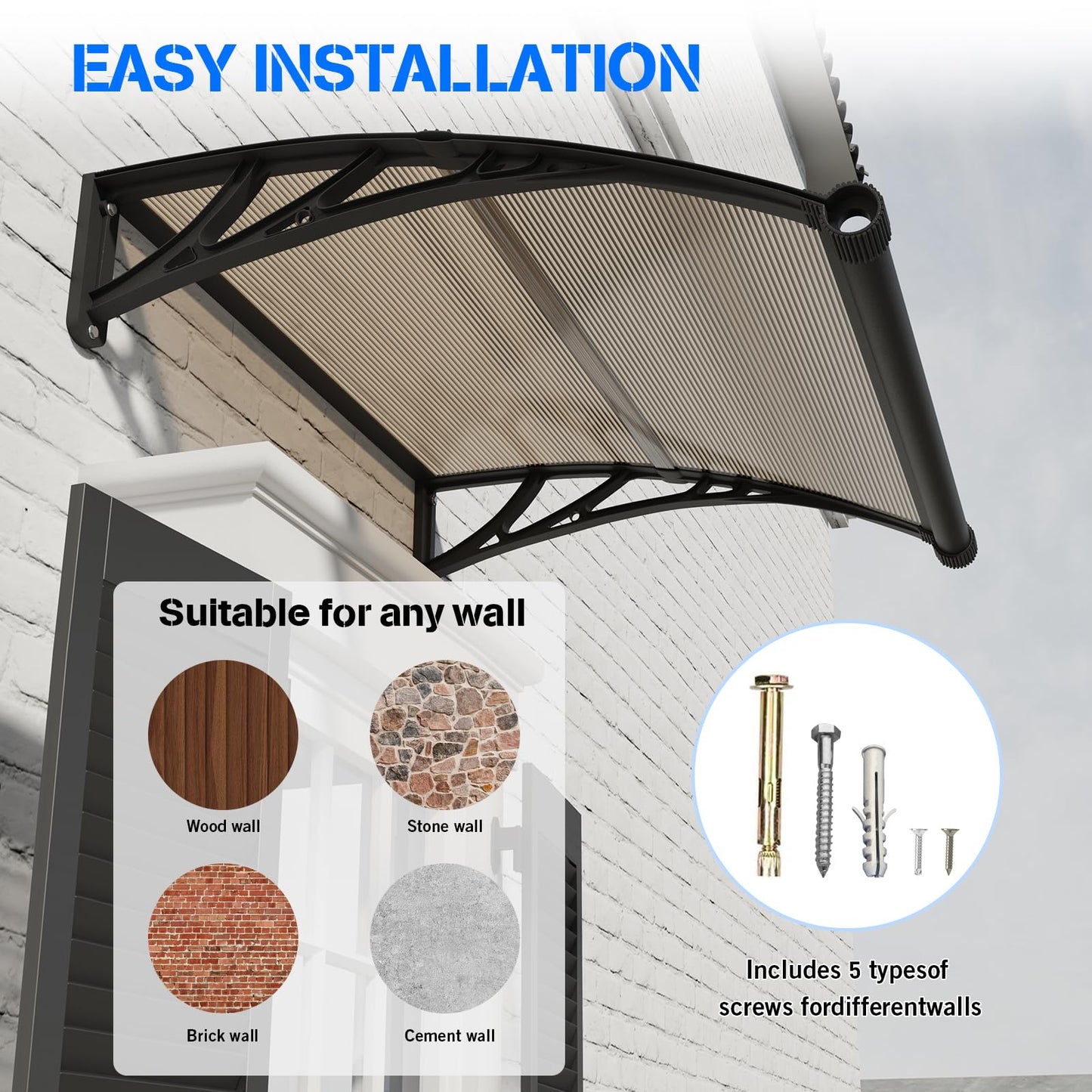 Awning for Door Entrance with Drainage Sink,32x120 Inch Awnings for Doors,Window Canopy Exterior with Plastic Steel Bracket,Polycarbonate Cover,UV,Rain,Snow Protection for House,Porch,Patio,Deck