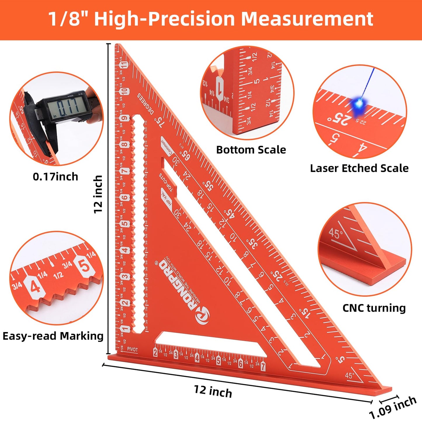 RONGPRO Aluminum Alloy 12in Carpenter Square and 12in Zinc-Alloy Combination Square Set, CNC-Machined with Woodworking Pencil, Carpenter Measuring Layout Tool for Woodworking and Home DIY.