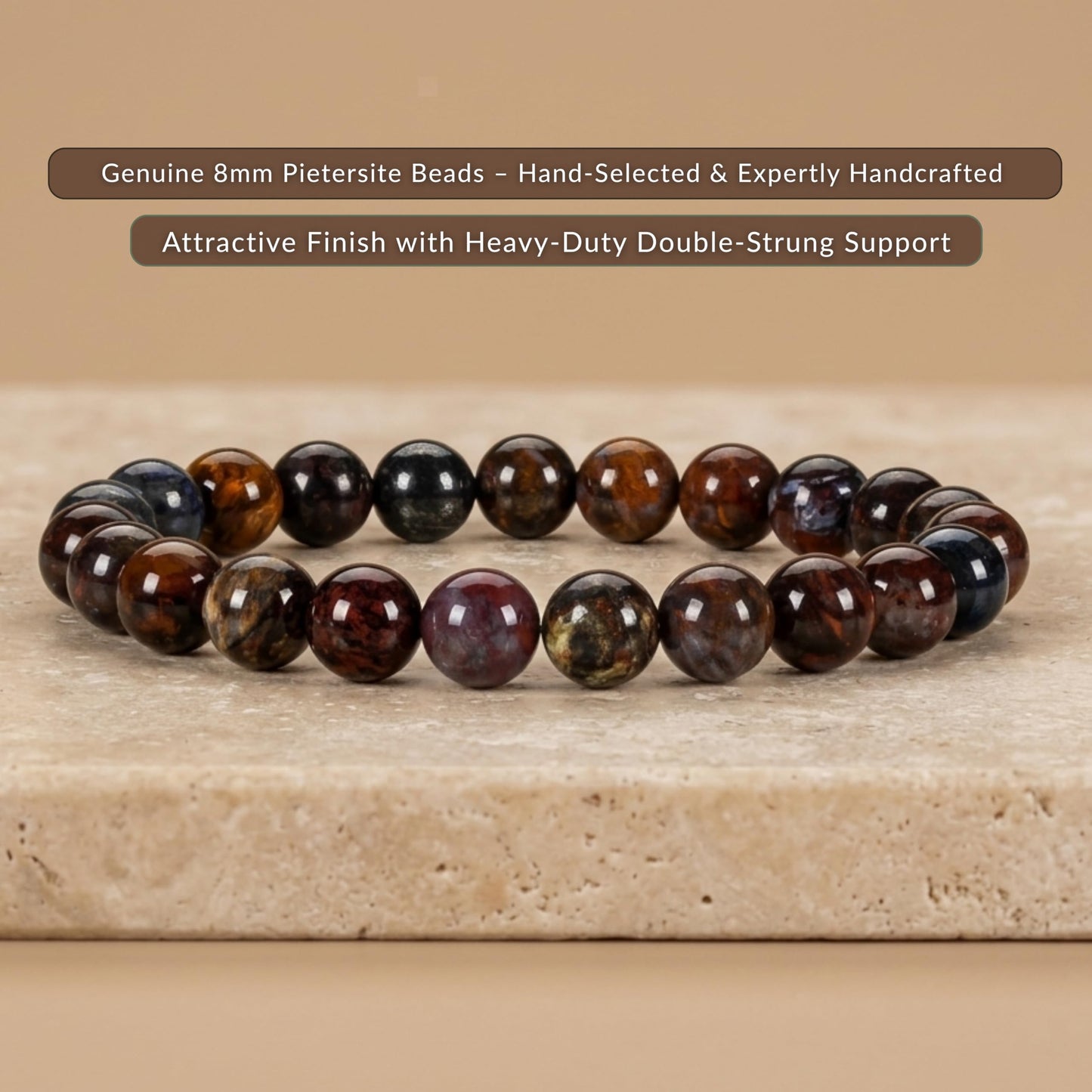 Cherry Tree Collection Pietersite Beaded Bracelet – Genuine 8mm Gemstone Stretch Bracelet for Men & Women – Handmade Crystal Bracelet - (Pietersite - S)