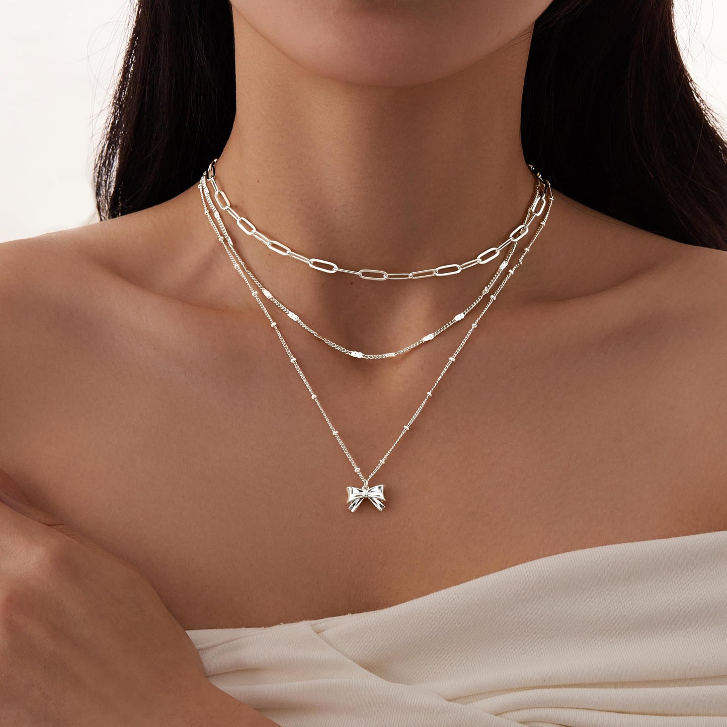Layered Silver Bow Necklaces for Women, Silver Plated Dainty Stackable Choker Necklaces for Women, Trendy Layering Small Bow Pendant Paperclip Thin Chain Necklace Set Jewelry Gifts for Women