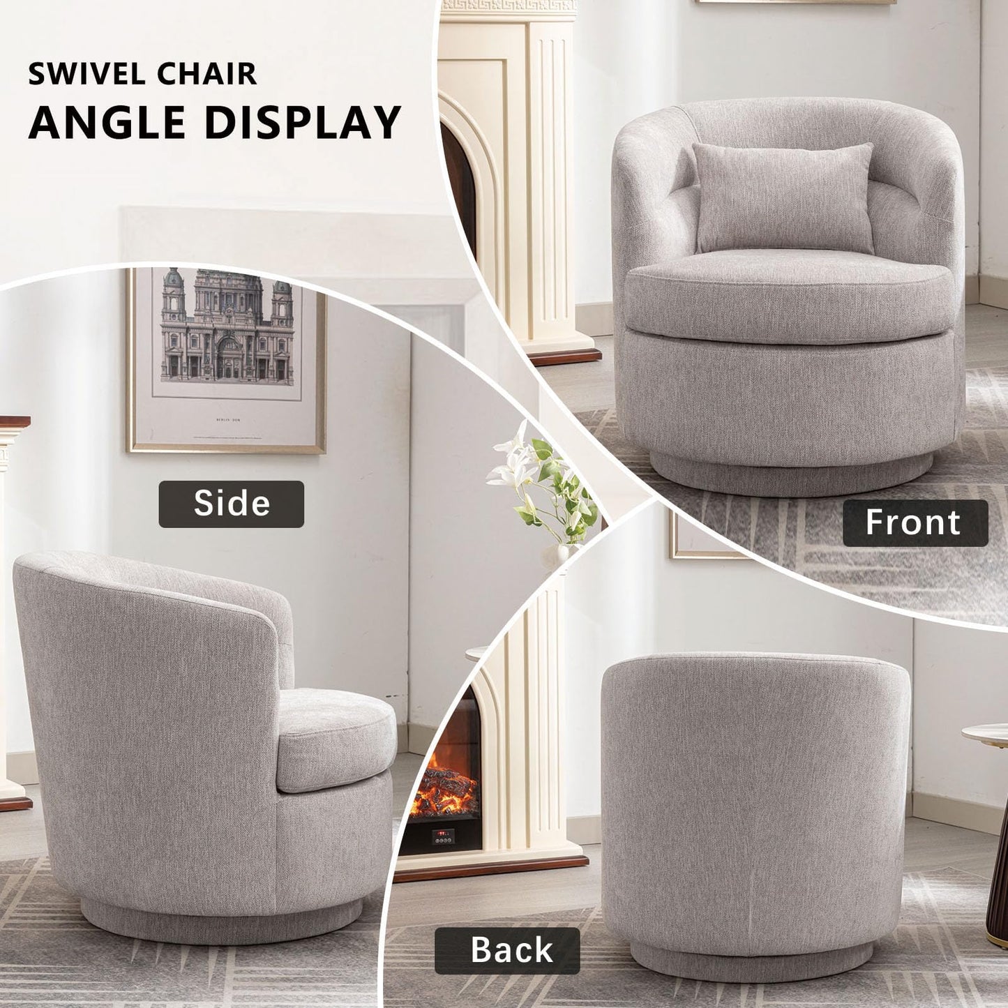 CANMOV Swivel Accent Chair, 360 Degree Round Swivel Barrel Chair with Pillow, Upholstered Comfy Barrel Armchair Single Club Sofa Chair for Living Room,Bedroom, Reading Room, Grey
