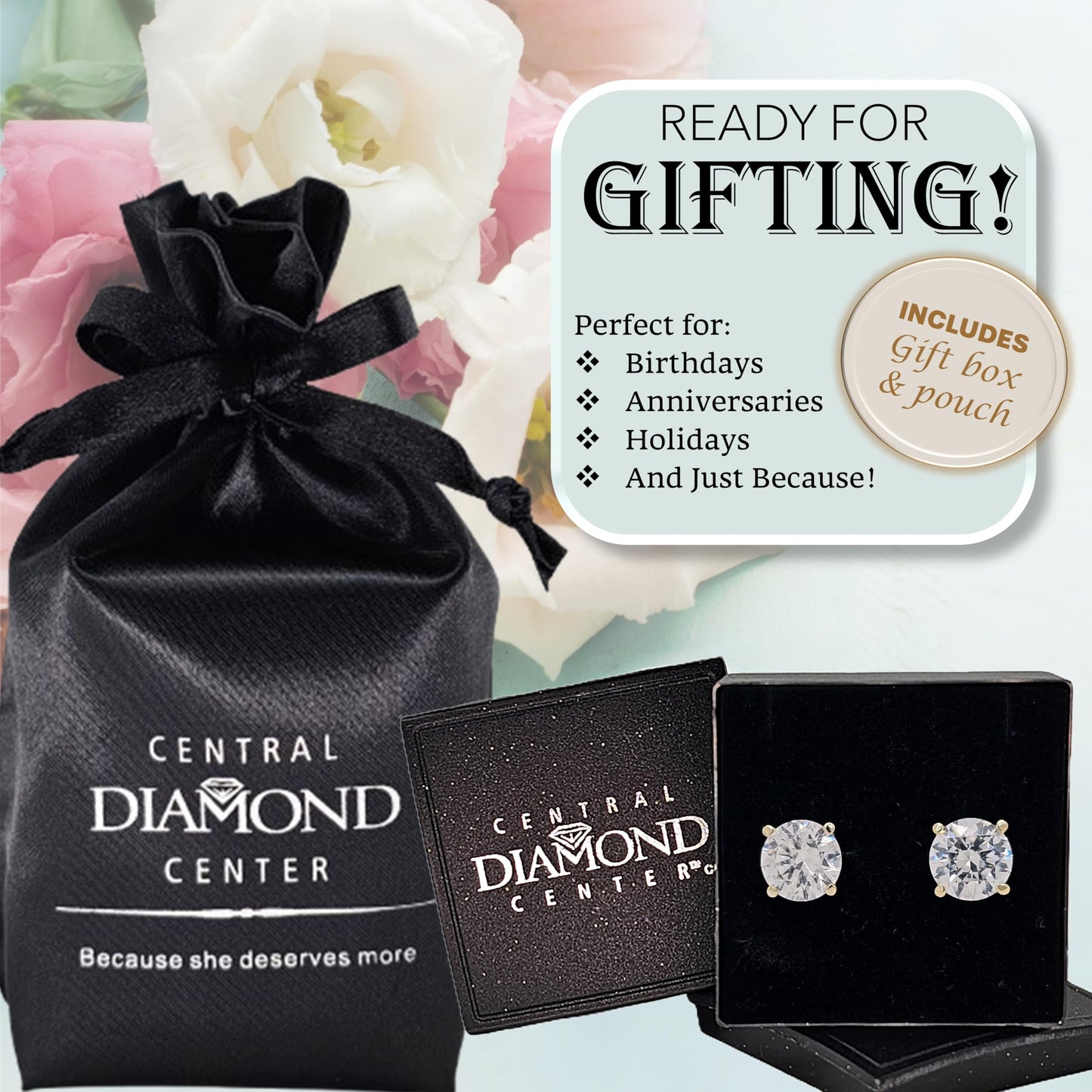 Central Diamond Center 14K Solid Gold Post & Sterling Silver 4 Prong CZ Stud Earrings - Yellow Gold Plated - 9.00mm - 6.00cttw