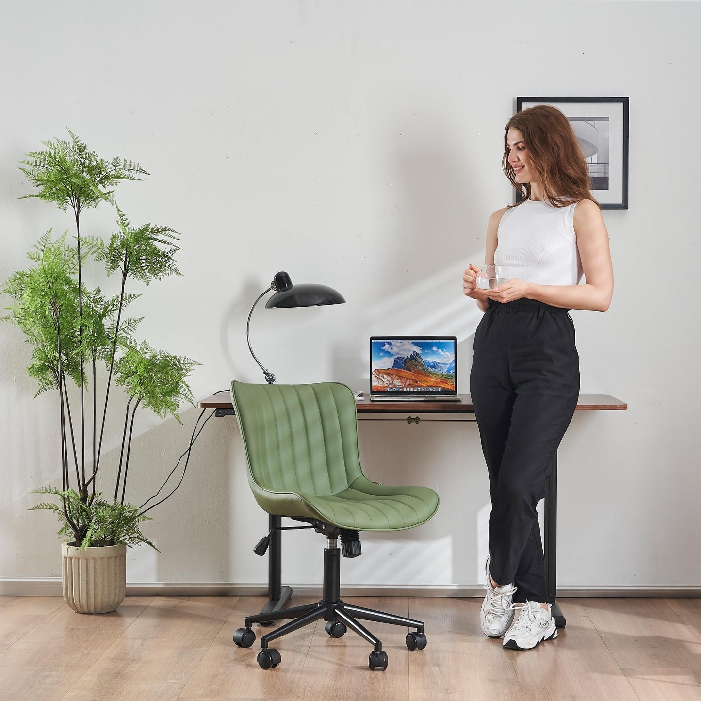YOUNIKE Armless Home Office Desk Chair with Wheels Compact Comfy Vanity Chair with Adjustable Back Modern Small Leather Upholstered Rolling Swivel Cute Task Drafting Sewing Chair No Arms Olive Green
