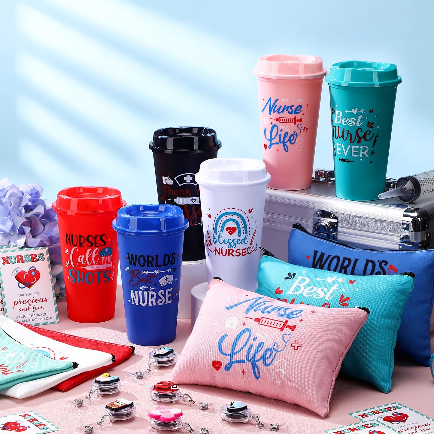 Skylety 24 Pcs Nurse Appreciation Gifts Bulk Christmas Nurse Gift Set for Women with 6 Coffee Cups 6 Badge Reels Clips 6 Makeup Bag 6 Greeting Cards for Lpn Rn Practitioner Gifts Bulk