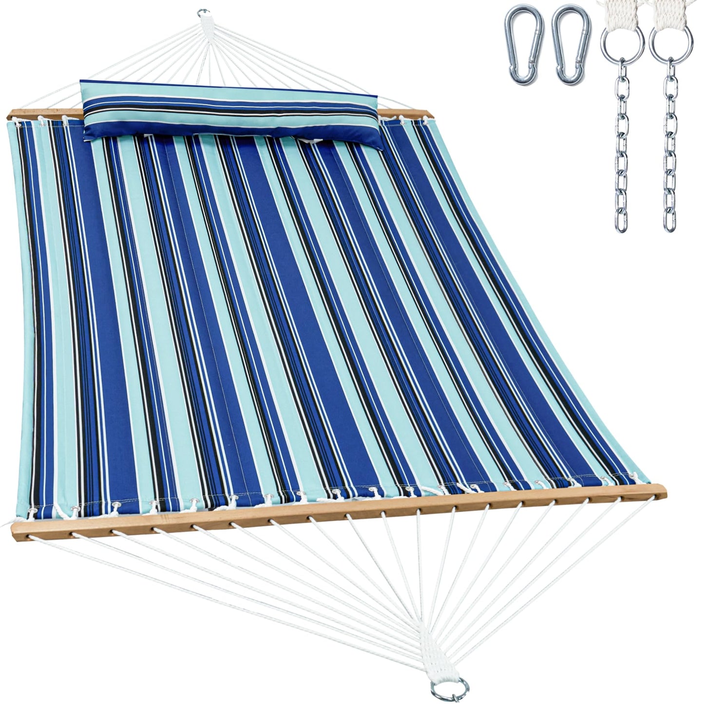GAFETE Hammock 2 Person Quilted Fabric Hammocks for Outside, Double 12ft Hammocks with Spreader Bar, Large Removable Pillow, Storage Bag, Carabiners, Max 475 lbs Capacity (Catalina Beach)