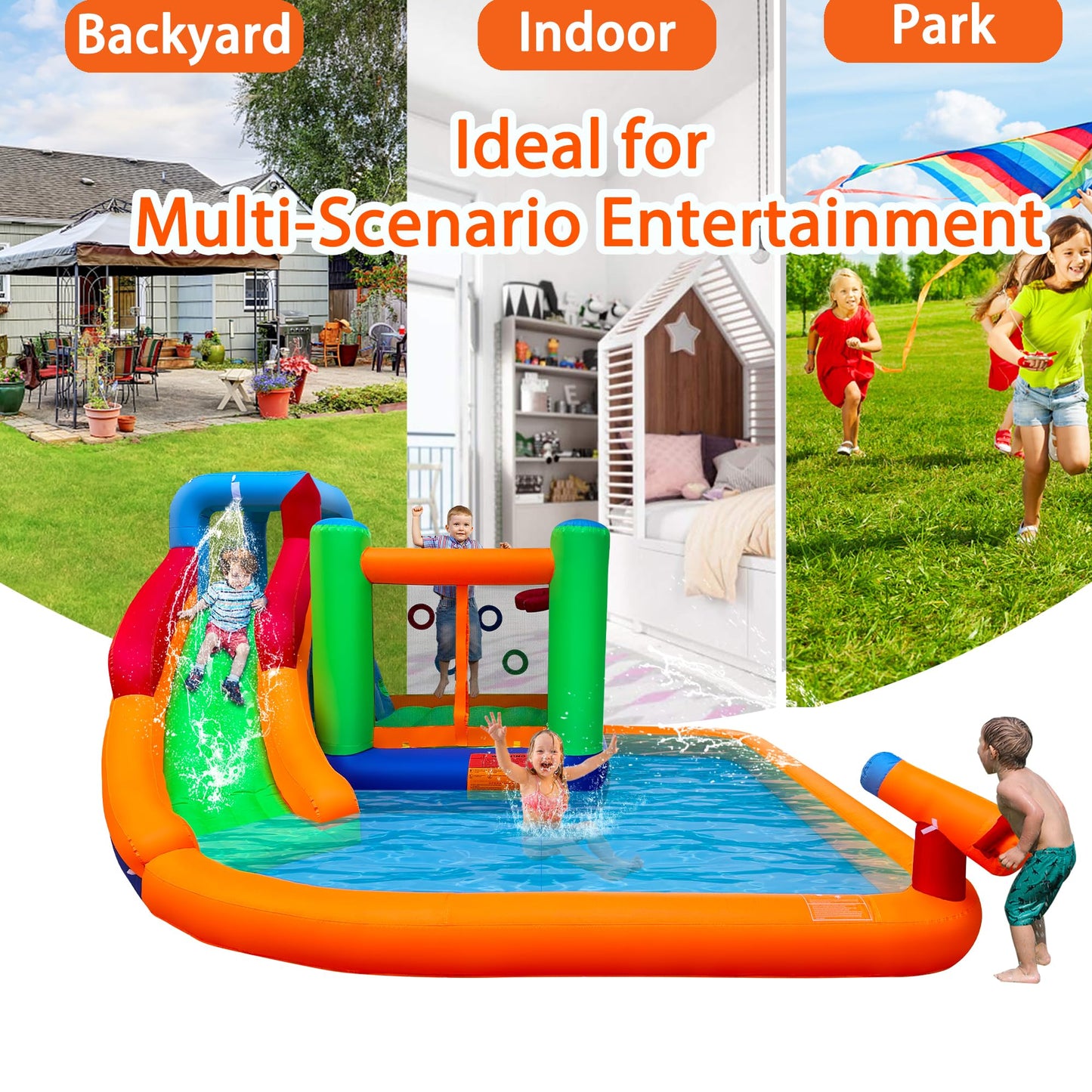 Inflatable Water Slide Spin Combo Jumper Bounce House with Large Slide, Bounce Area, Climbing Wall, Splash Pool, Water Cannon, Basketball Rim, Blower for Backyard Party
