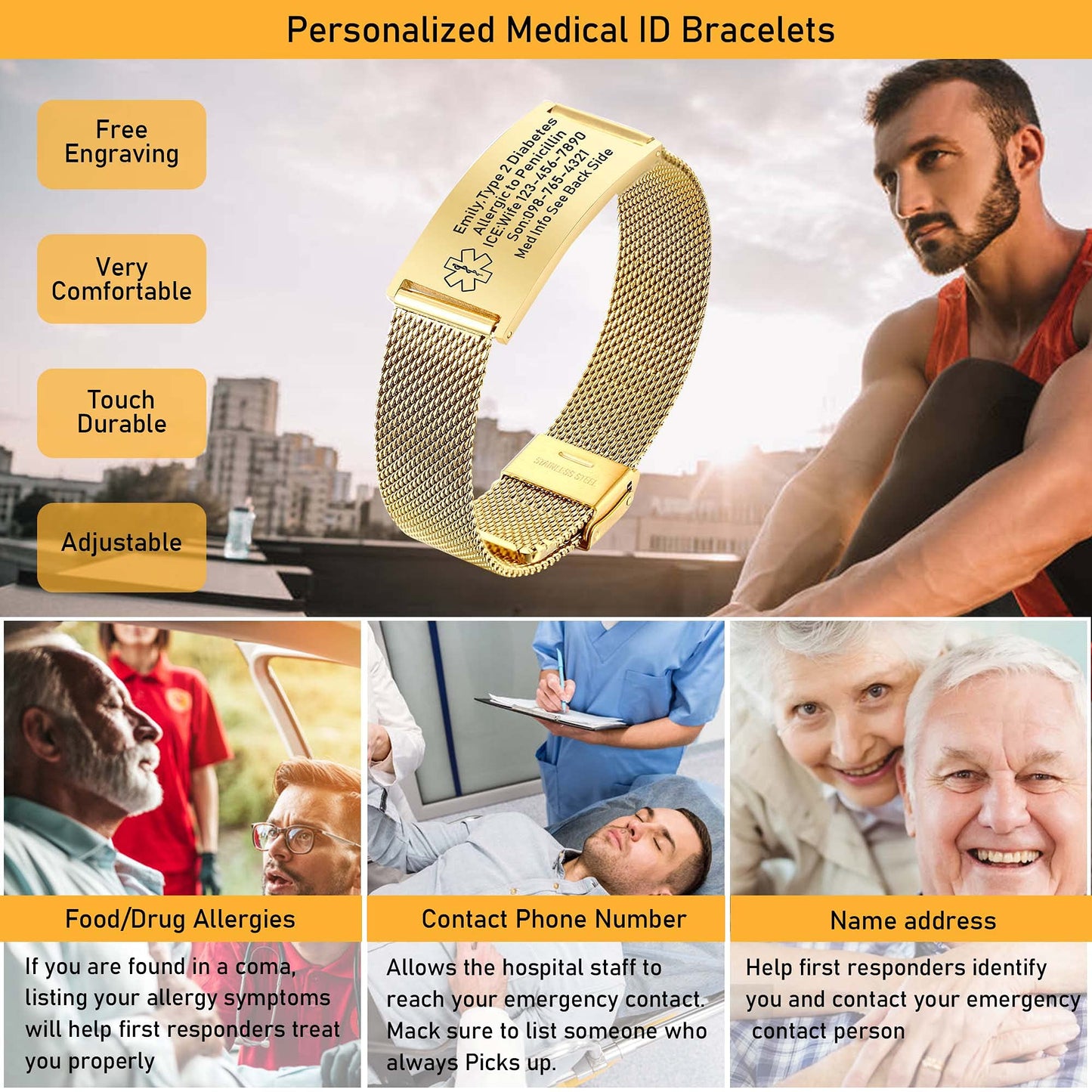 VNOX Width Medical Alert Bracelets for Men with Free Custom Engraving Adjustable Stainless Steel Mesh Emergency Medical ID Bracelets Wristband,Gold Plated
