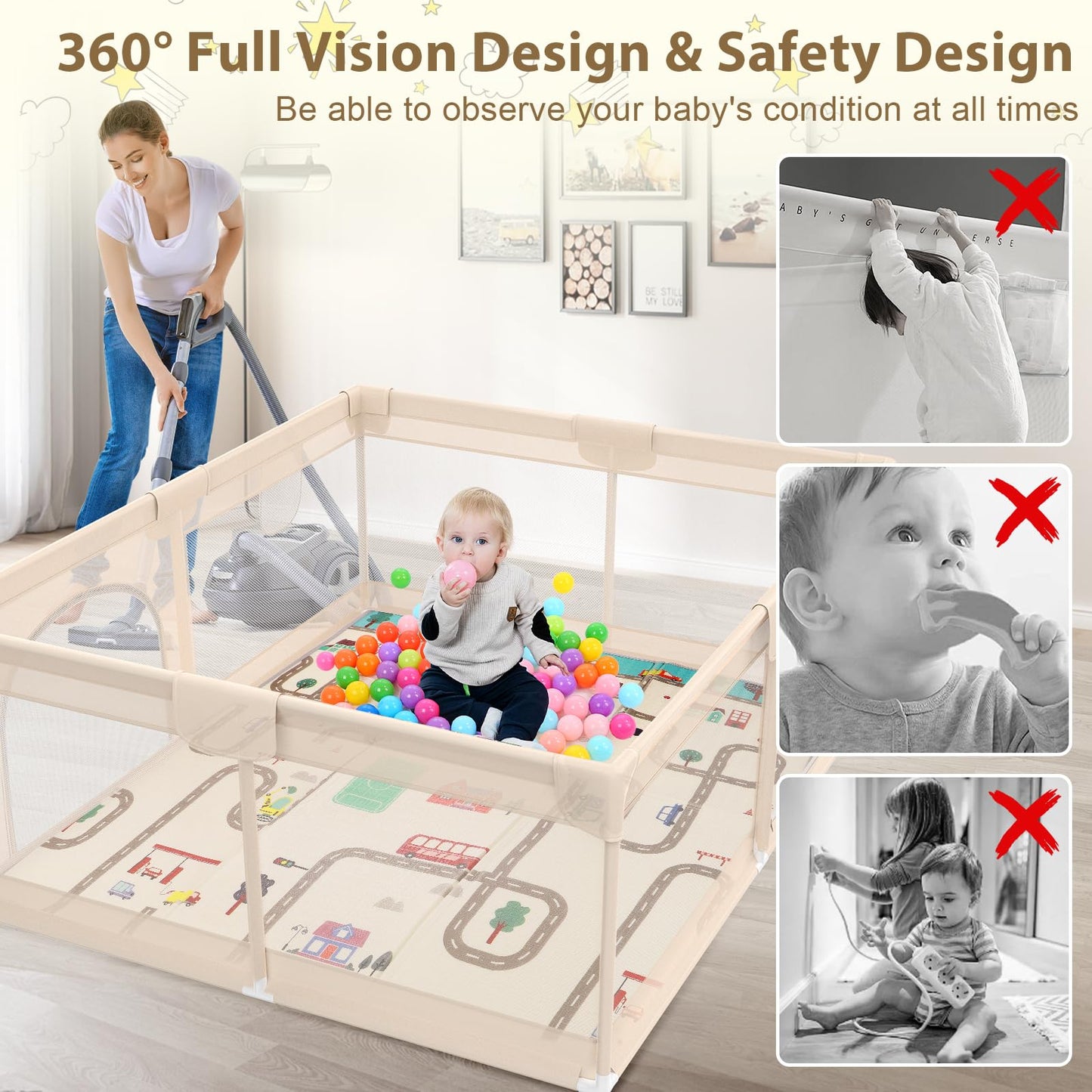 71 x 59 Baby Play Pen with Mat - Indoor & Outdoor Playpen for Babies and Toddlers - Extra Large Play Yards with Soft Foam & Sturdy Bottom Suction Cups - Toddler Baby Play Yard with Gate(Apricot)