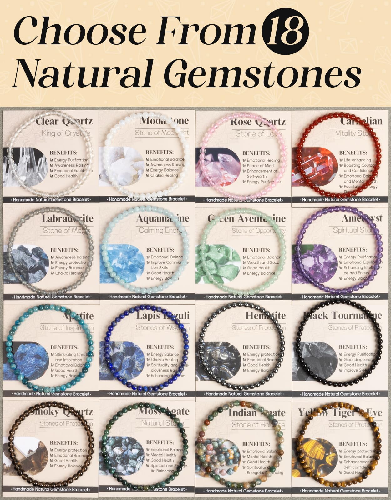 Landorilo Beaded Bracelet for Men Women, 4mm Natural Stone Black Tourmaline Healing Crystal Stretch Bracelets, Ideal Christmas Birthday Jewelry Gifts with Energy Card，Replacement Beads Included