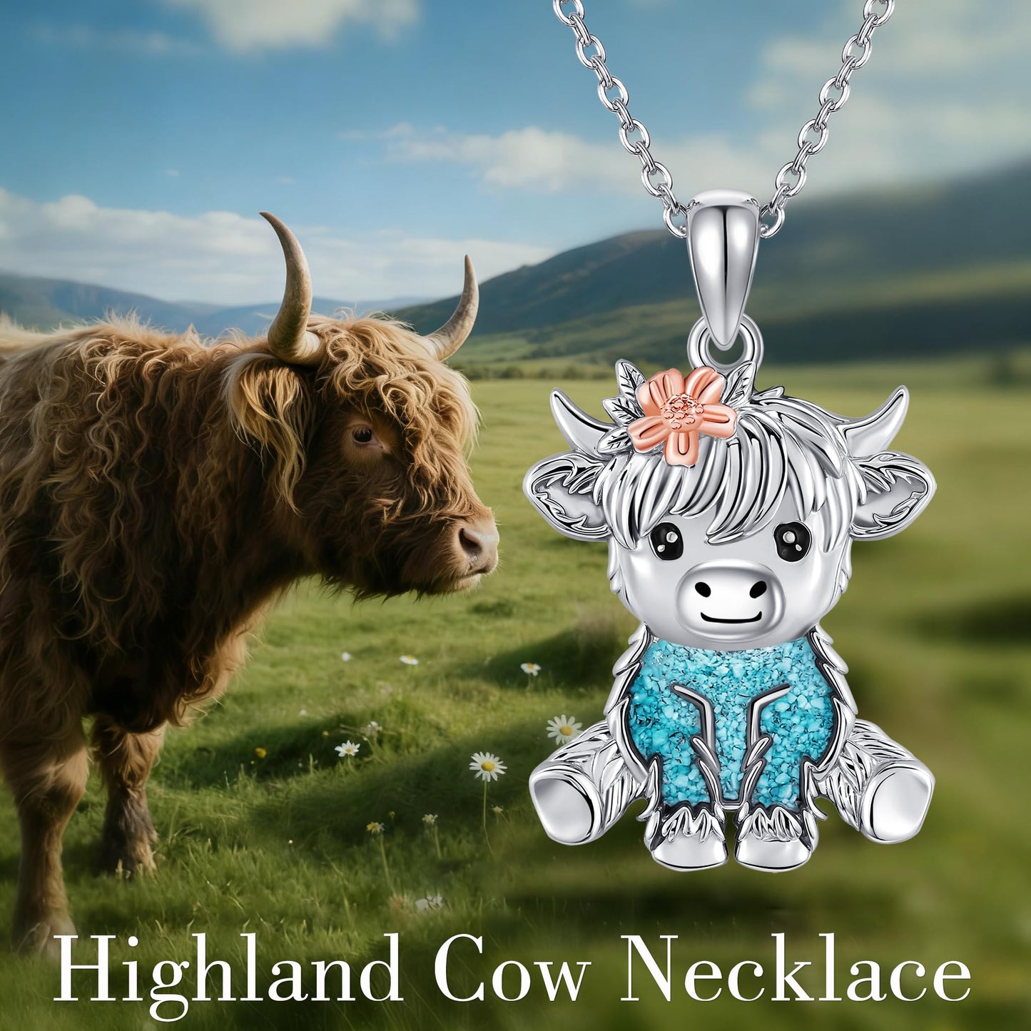 HKPATOP Highland Cow Necklace 925 Sterling Silver Turquoise Cow Necklace Cute Highland Cow Jewelry for Women