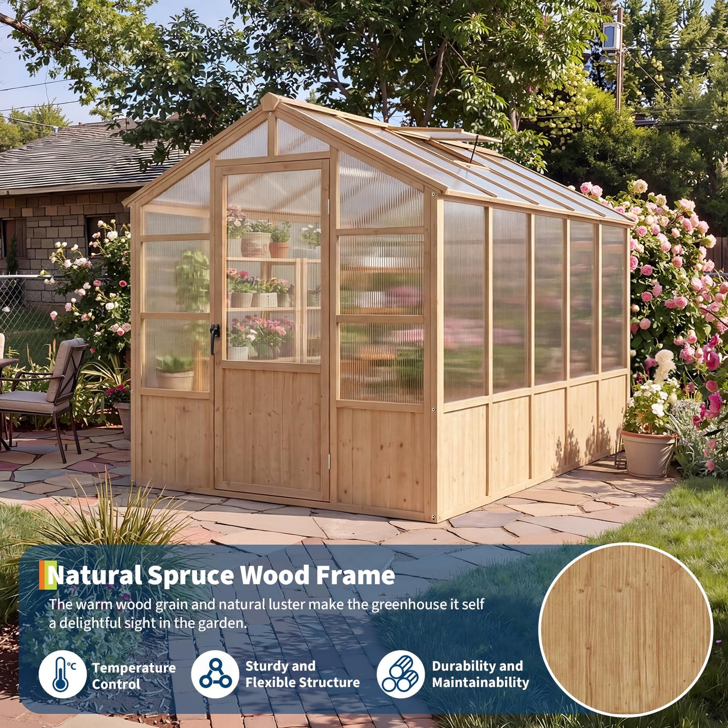 Large Wood Frame Greenhouse for Outdoor - Wooden Walk-in Greenhouse Kit with Polycarbonate Panels, Ventilated Window & Lockable Door for Garden, Backyard, Patio, Lawn, Plant House