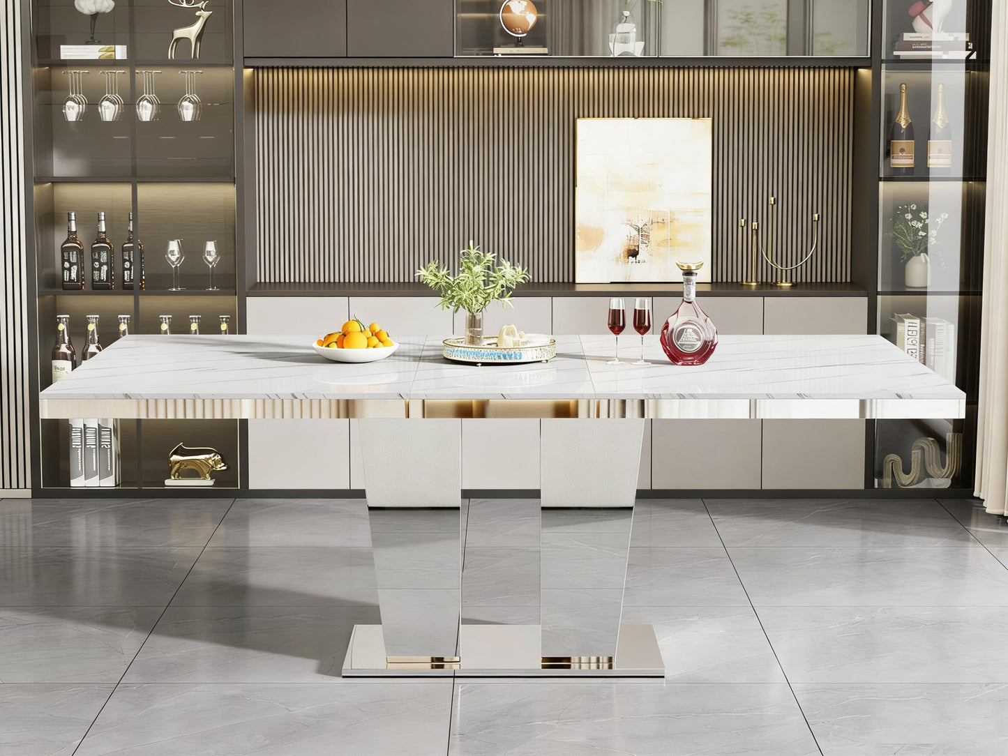 7-Piece Faux Marble Dining Table Set for 6, 63-94.5" Large Extendable Kitchen Table Set with 6 Grey Tufted Chairs, Modern Expandable Dining Room Table for 6 8 10 with Mirrored Double Column Base