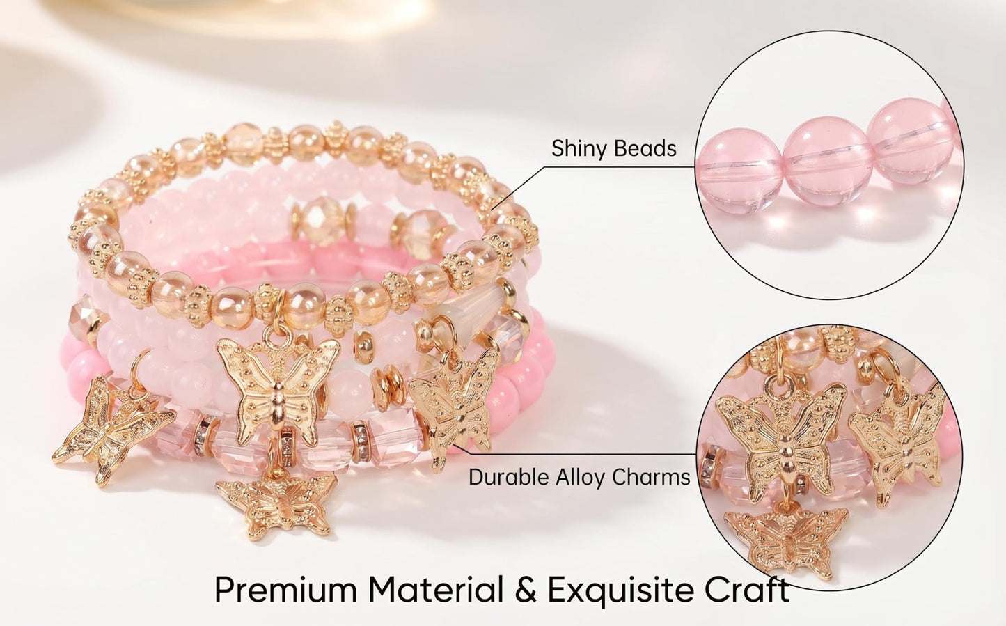 LOTSOF Boho Flower Beaded Bracelet Set for Women - Multilayer Crystal & Flower Charm Stackable Bracelets, Fashion Jewelry Gift for Her (Pink Butterfly)
