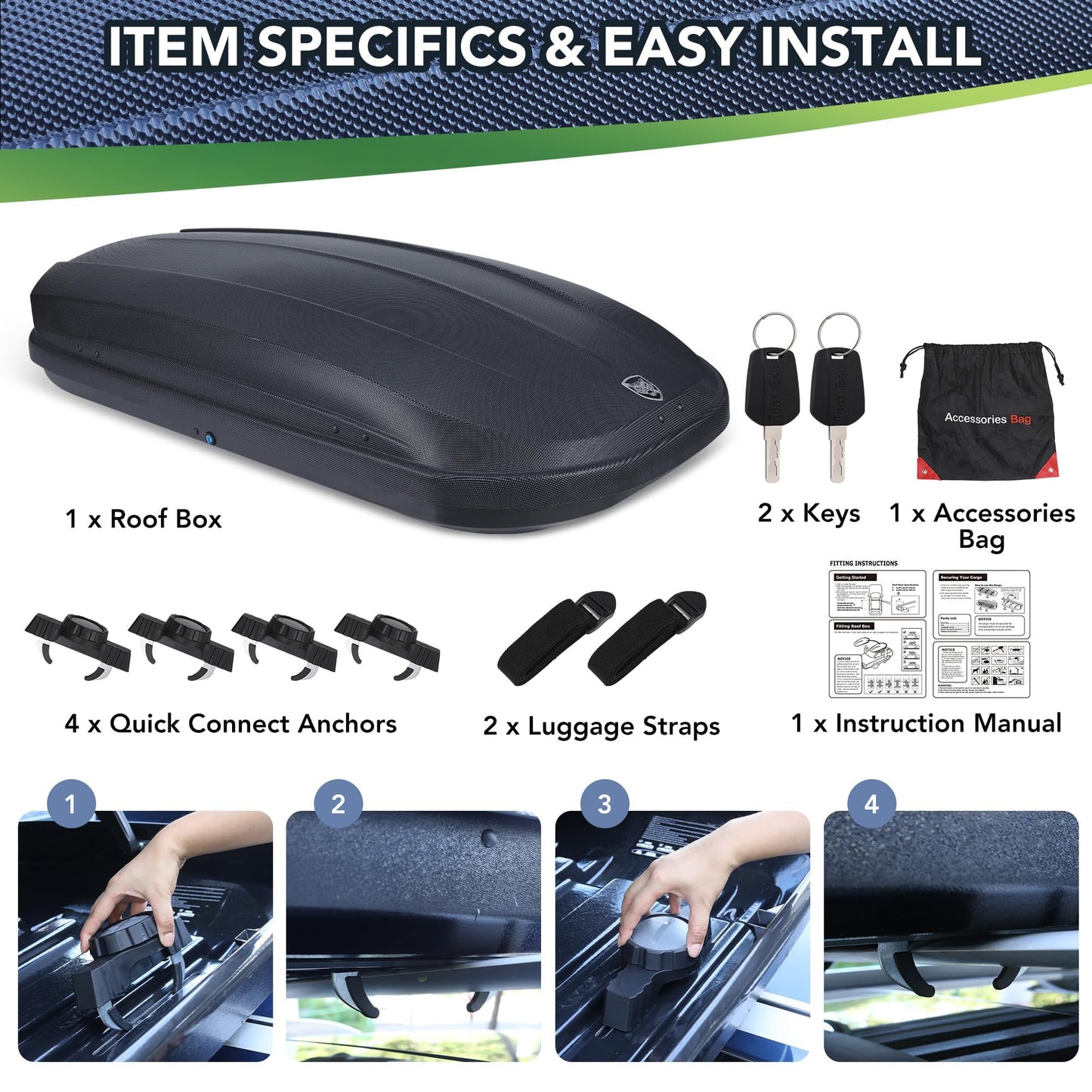 Rooftop Cargo Carrier Hard Shell, 14 Cu Ft Roof Cargo Box, Car Top Carrier for Roof Rack, 165 lbs Capacity, Weather-Resistant Storage, Dual-Side Access, Secure Straps & Keys