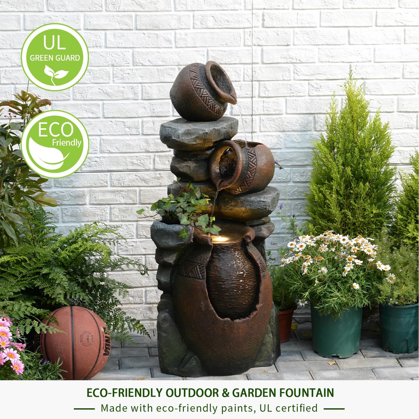 Bumilgar Outdoor Garden Water Fountain for Garden, Patio, Backyard, Deck, Porch and Home Art Decor, 3 Tiers Modern Cascading Outdoor Fountain with Lights 38.4" H
