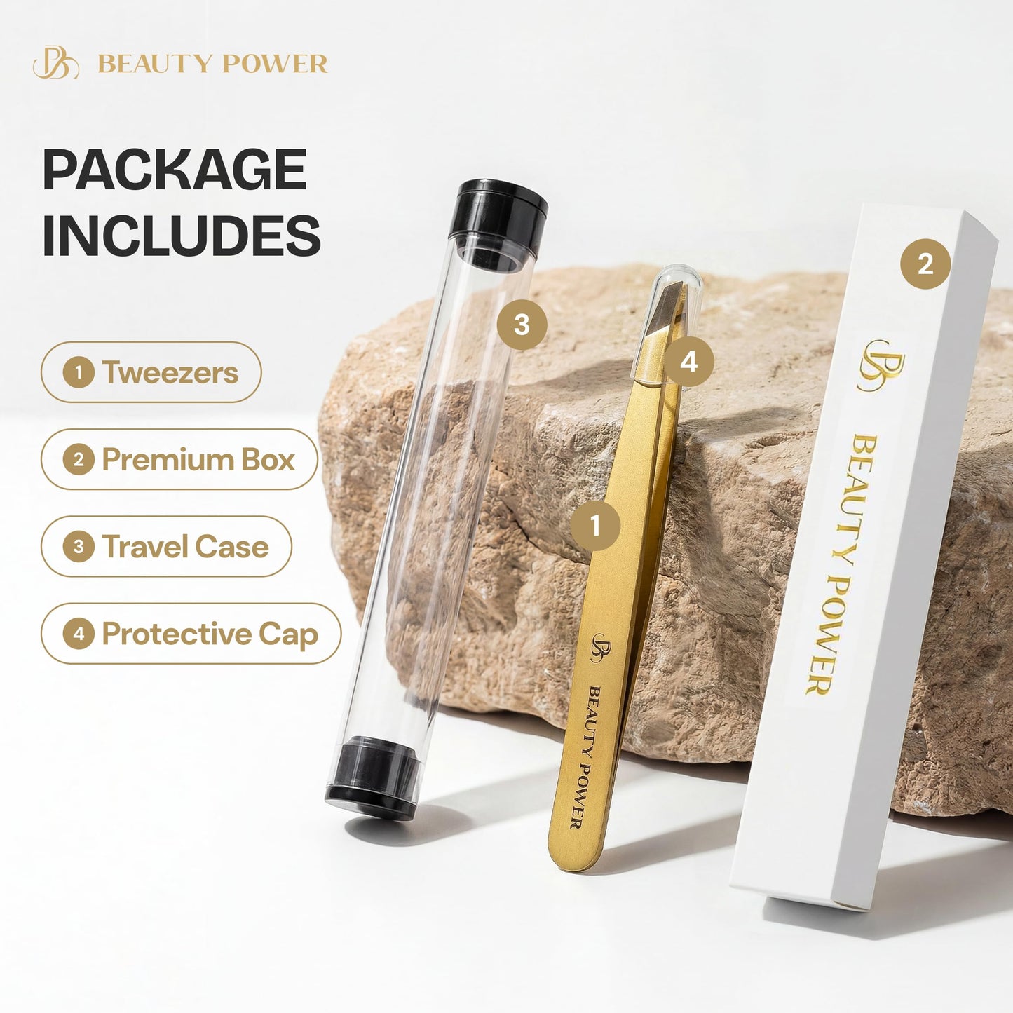 Beauty Power Tweezers for Women Facial Hair: Ultra Precision Tweezers for Women & Men, Sharp Slant Tweezer for Eyebrows, Ingrown Hair Removal. Professional Plucker + Case, German Stainless Steel Gold