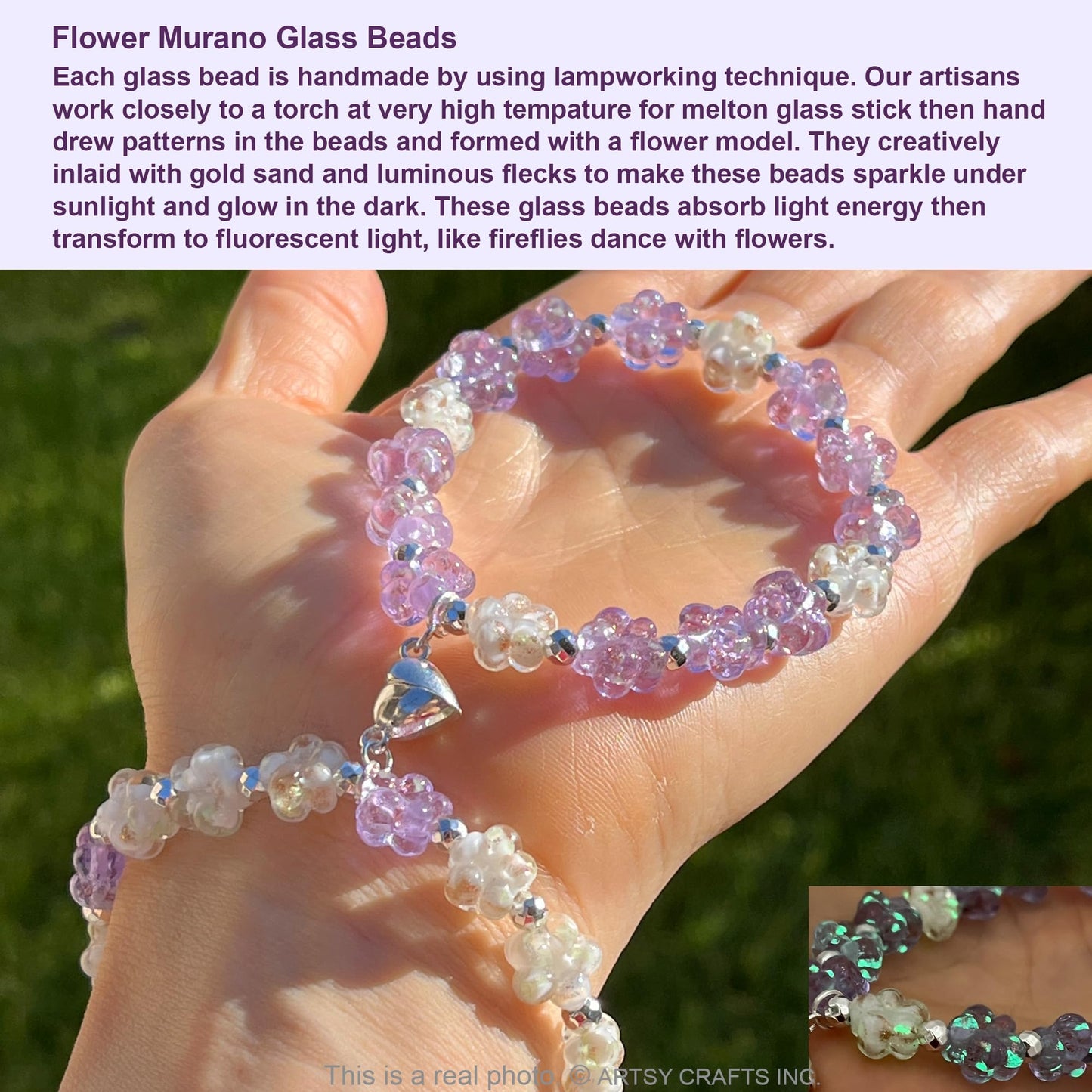 ARTSY Crafts Glow in the Dark Firefly Beads Bracelet, Unique Inspirational Bracelets with Meaning, Mermaid Crystal Healing Chakra Birthday Gifts (White+Lavender 6-7")