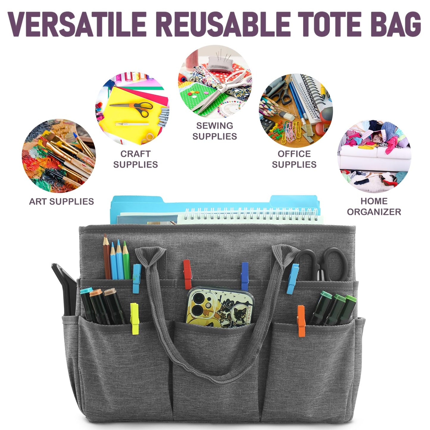 Cupohus Art Organizer Craft Storage Tote Bag with Pockets and Handles, Oxford Fabric Carrying Caddy for Teacher, Officer, Artist, Students, Traveler, and More –Grey