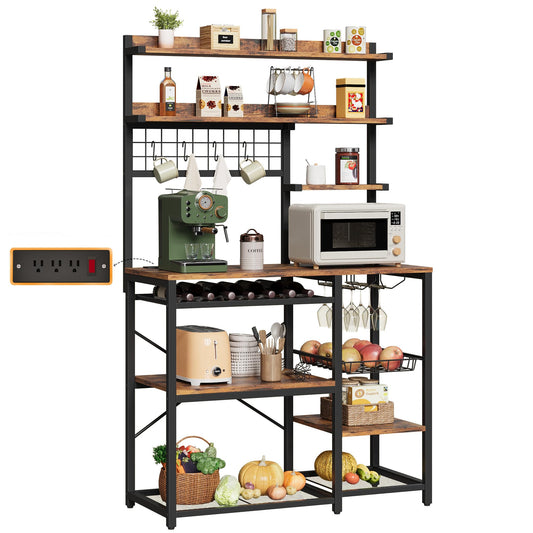 IRONCK Bakers Rack with Power Outlet, 7-Tier Coffee Bar Microwave Stand, Solve Kitchen Clutter with Wine Rack, Wire Basket and Hooks, Rustic Brown