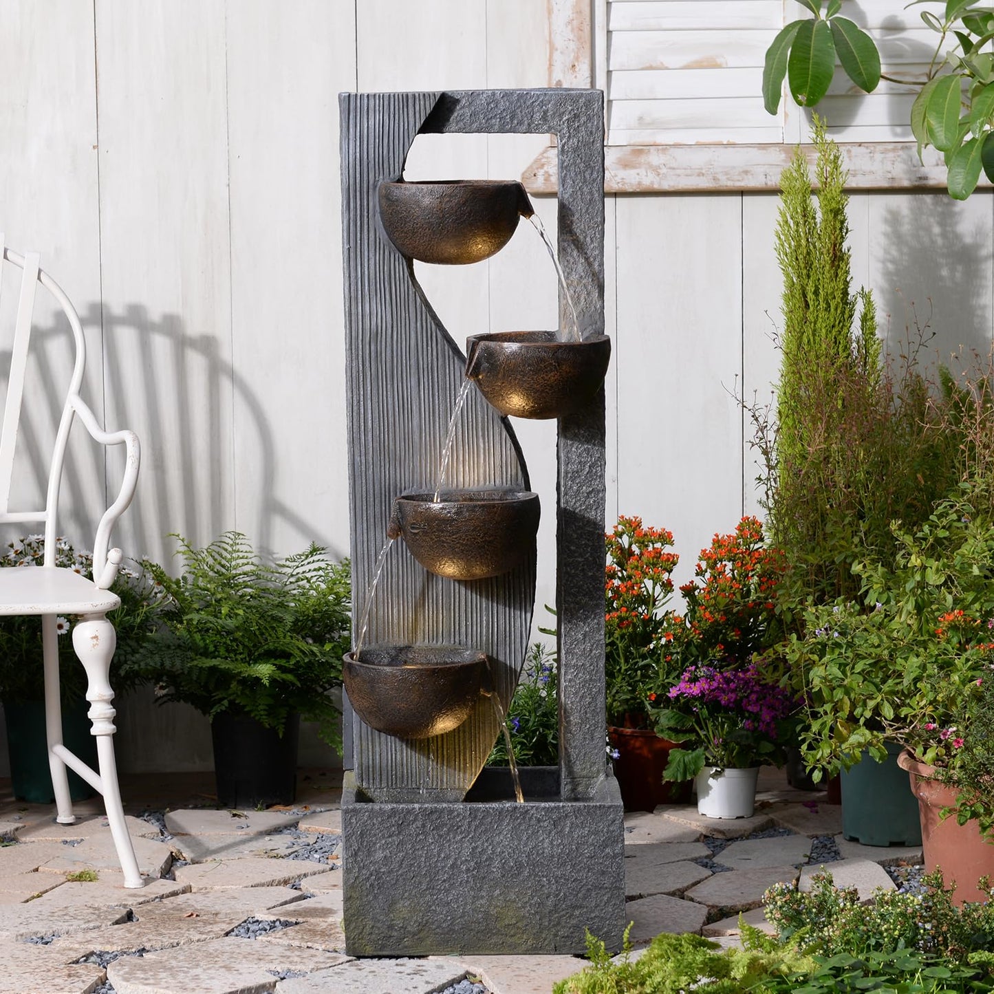 Sunlinua Outdoor Waterfall Fountain 5 Tier Tall Design 49.2 Inch Water Fountain with LED Lights and Pump Decorative Water Feature for Garden Patio Backyard