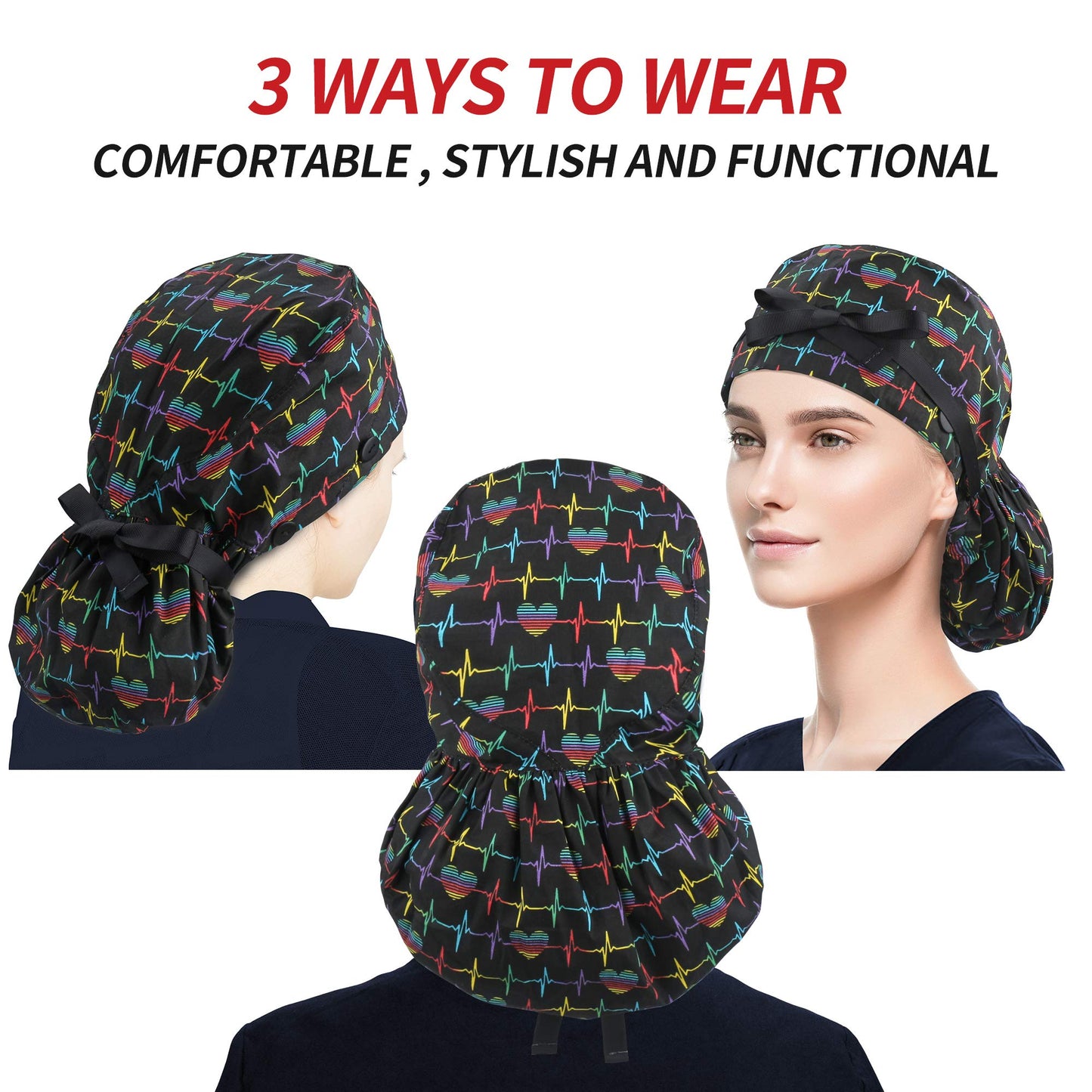 ABAMERICA Ponytail Scrub Caps for Women Surgical Caps Nurse Hat with Functional Ponytail Holder for Long Hair, Single or Satin-Lined