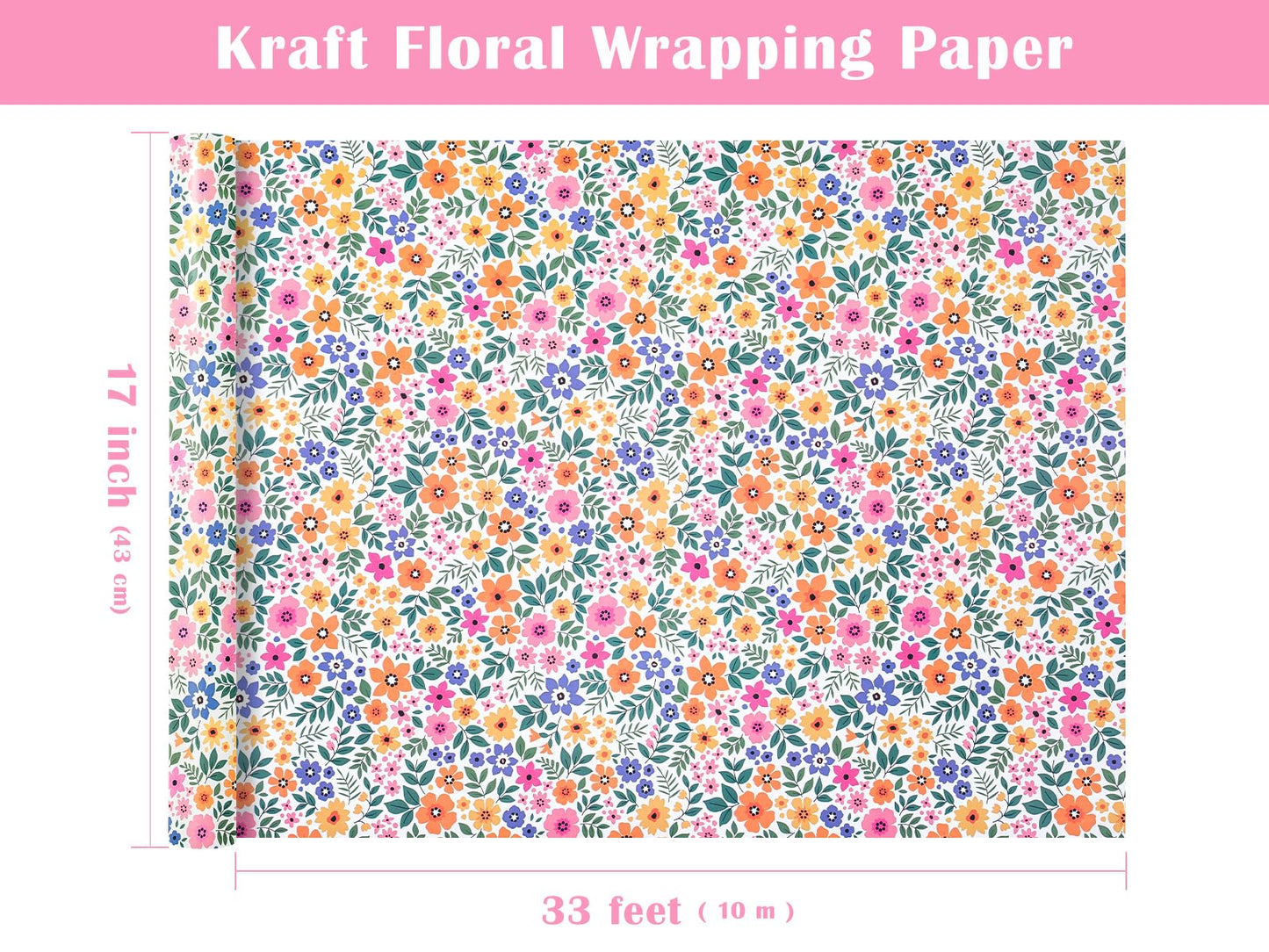 WRAPAHOLIC Kraft Floral Wrapping Paper Roll - Mini Roll - 17 Inch x 33 Feet - Ditsy Flower Wrapping Paper, Perfect for Wedding, Birthday, Bridal Shower, Tea Party