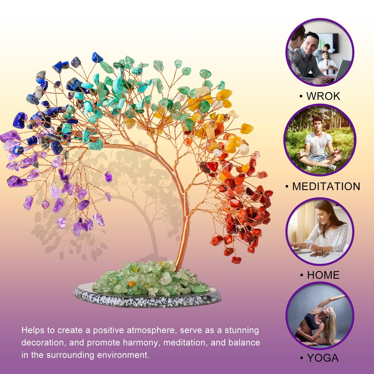 Runyangshi Natural Crystal Seven Chakras Agate Slice Tree of Life Natural Crystal Healing Stones Gemstone Trees Fengshui Good Luck Positive Energy Home Decor