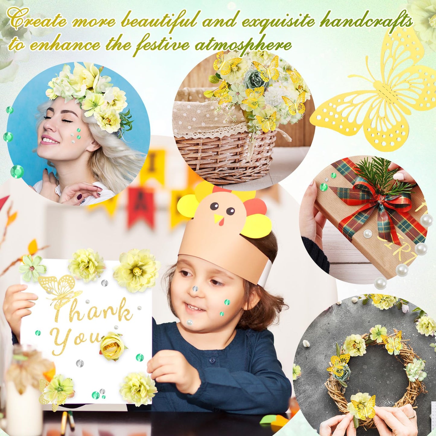 Hoteam DIY Graduation Cap Decorations Kit Included Faux Flowers 3D Butterfly Self Adhesive Rhinestones Glitter Alphabet Letter Stickers for 2026 Grad Cap Topper Party Gifts Decor(Green)