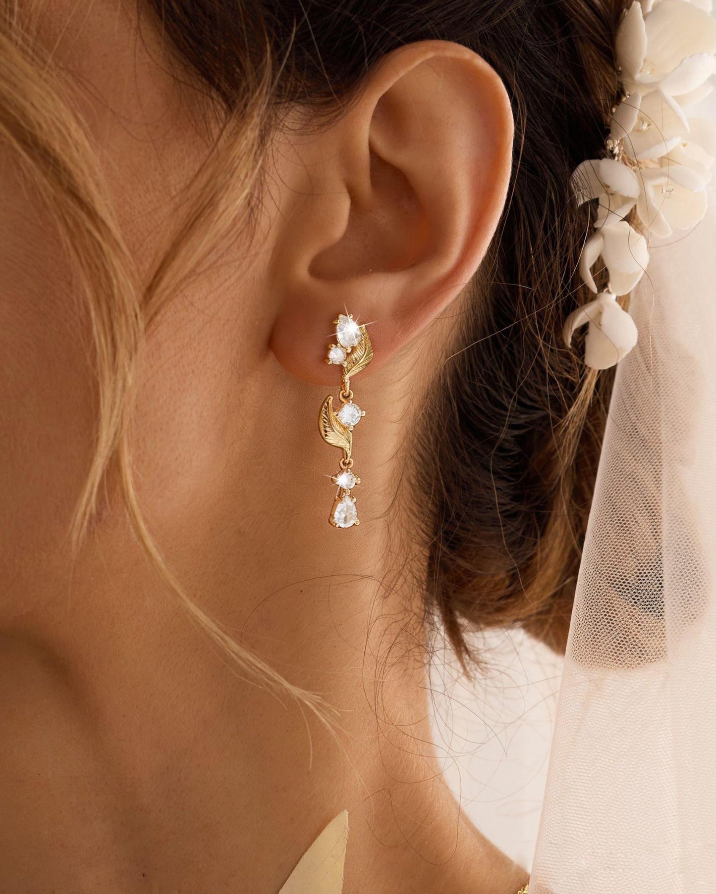 Gold Dangle Earrings for Women Trendy 14K Gold Plated Brides Drop Dangle Cubic Zirconia Elegant Prom Bridal Bridesmaids Wedding Anniversary Dangling Jewelry