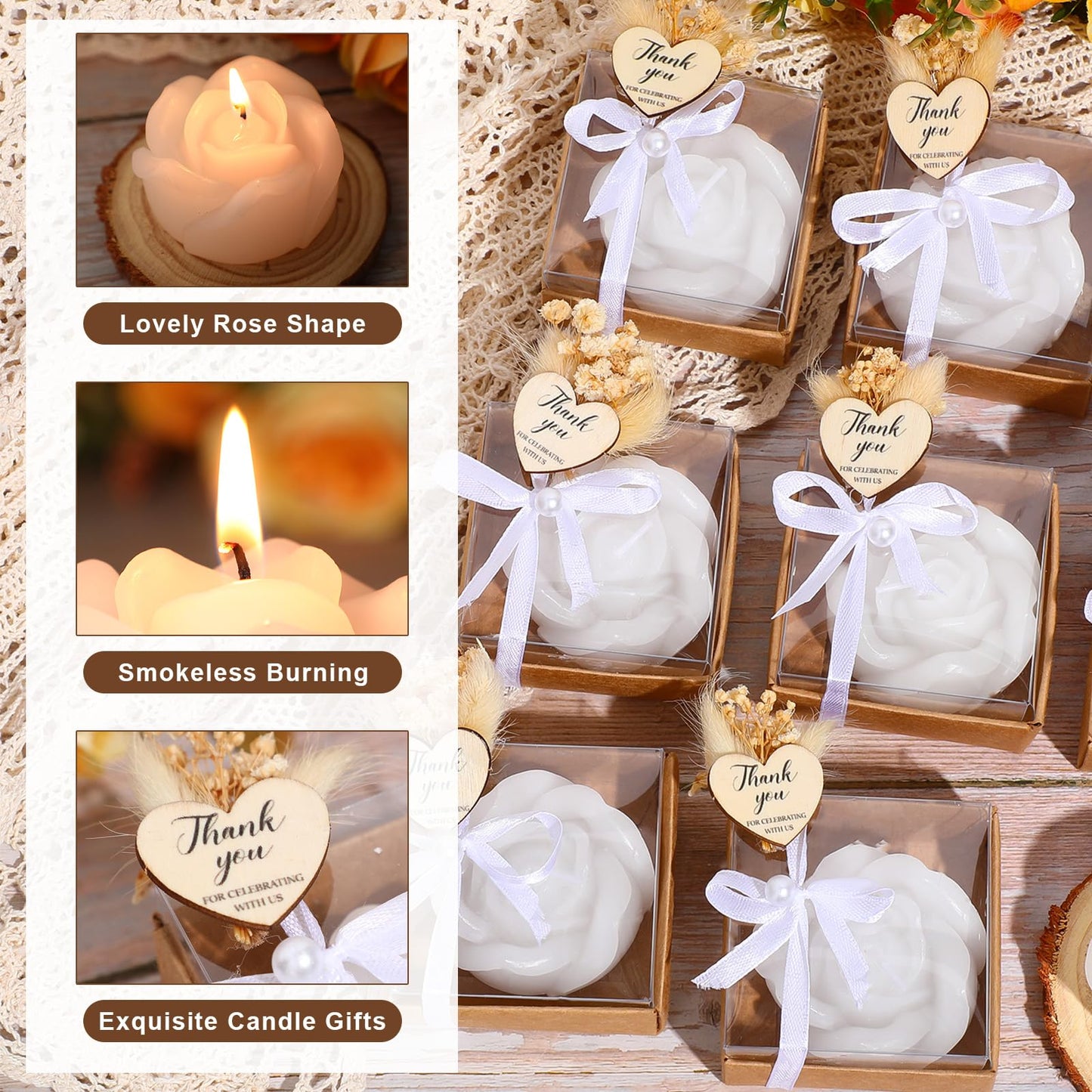 Threlaco 50 Sets Rose Candles Scented with Dried Flower Mini White Rose Petal Candle Gifts Gift Set for Wedding Bridal Shower Baby Shower Birthday Party Favors Decoration