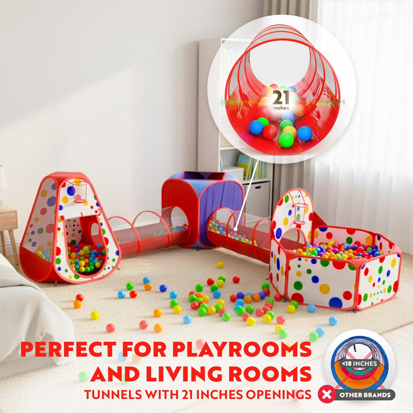 Playz 5-Piece Kids Play Tents Crawl Tunnels and Ball Pit Popup Bounce Playhouse Tent with Basketball Hoop for Indoor and Outdoor Use with Red Carrying Case