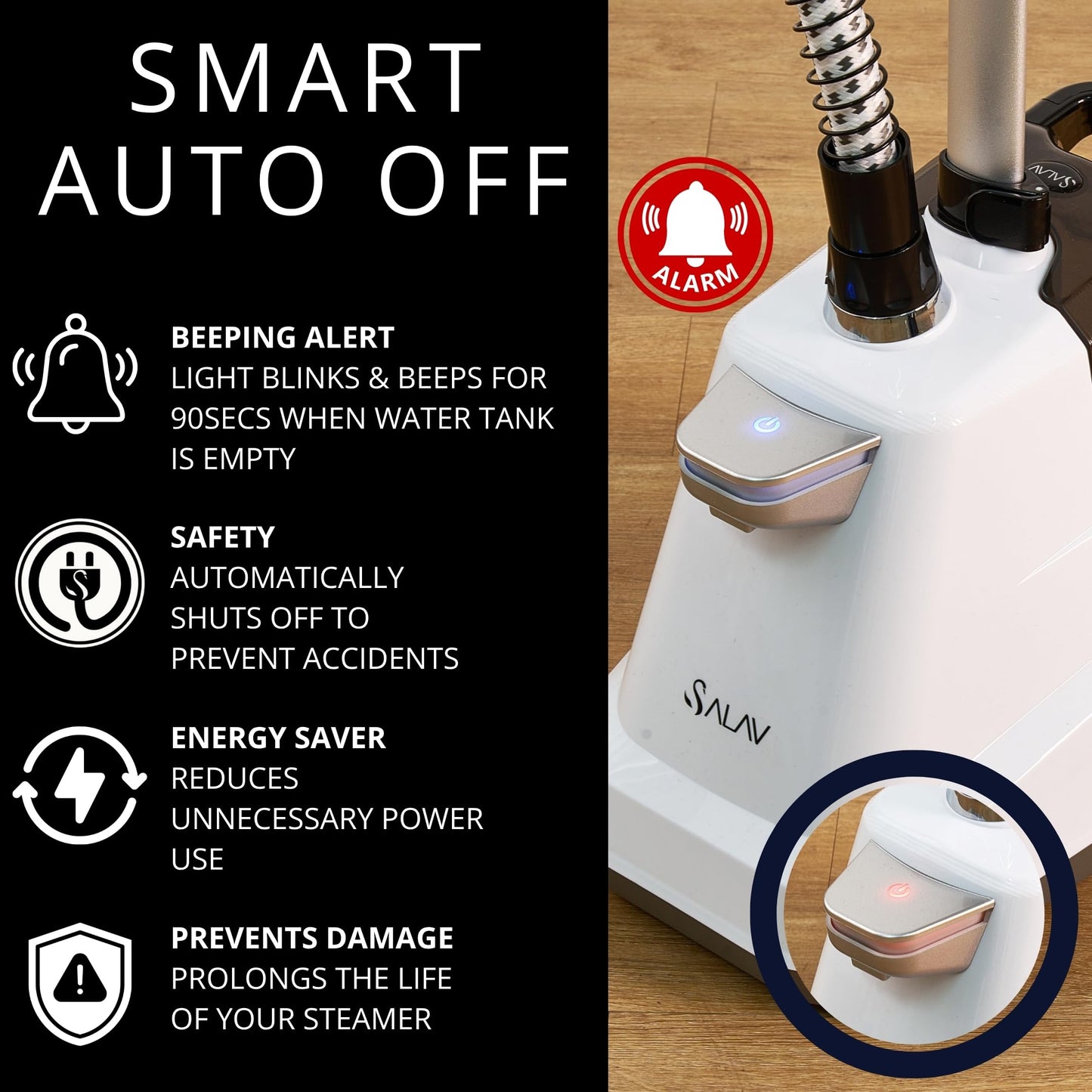 SALAV® Heavy Duty Smart Auto Shut-off Commercial Full-Size Garment Steamer, Beeping Alert when Water Runs out, Foot Pedal Control, XL 3L (101.5 oz) Tank, 1800 watts, 90+min of Continuous Steam, White