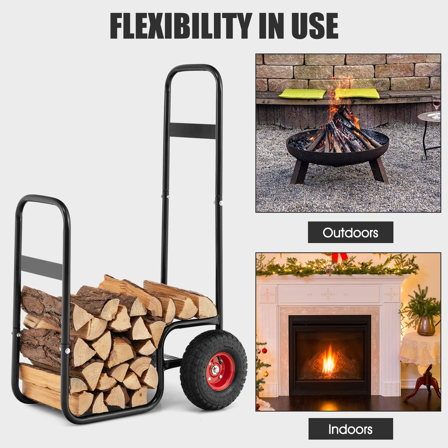 Goplus Firewood Cart with Wheels, Outdoor Indoor Rolling Fire Wood Log Cart with Pneumatic Rubber Tiers, 220 LBS Load Capacity Heavy Duty Steel Wood Storage Hauler, Log Holder Rack for Fireplace