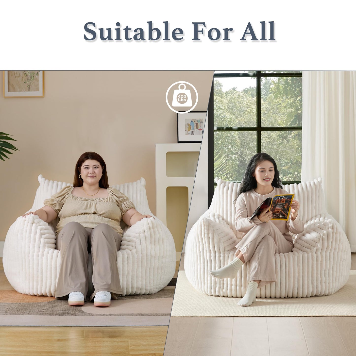Giant Plush Bean Bag Chair for Adults with Armrests - Oversized Comfy Beige Beanbag Lounge Lazy Floor Sofa Accent Chair for Living Room, Bedroom & Dorm, Cozy Fluffy Single Cloud Mini Couch