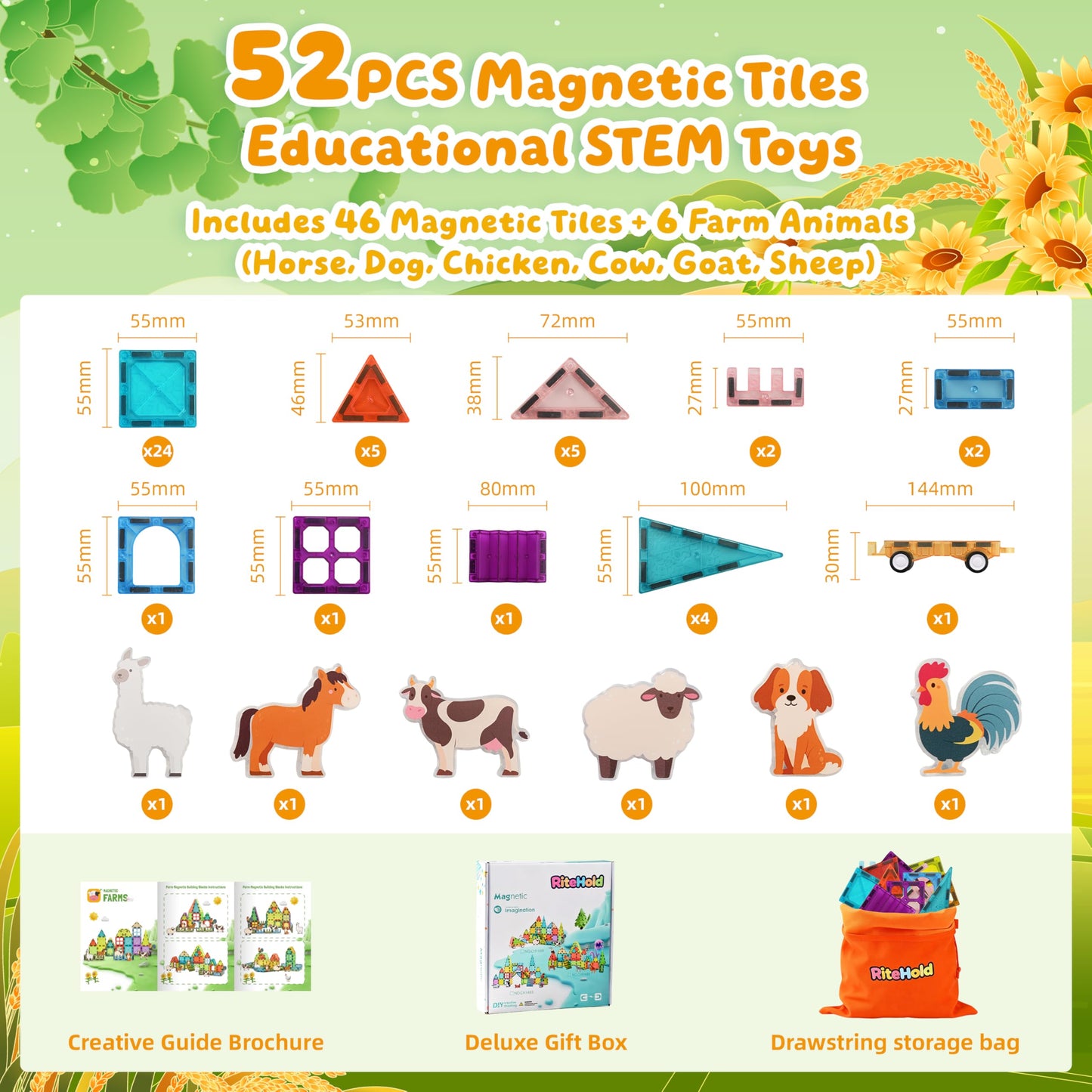 RiteHold Magnetic Tiles Farm Animals 52PCS, STEM Toys Magnet Building Blocks for Kids Ages 3 4 5 6 7 8, Toddler Construction Stacking Tiles Toys Gifts for Boys Girls 3+