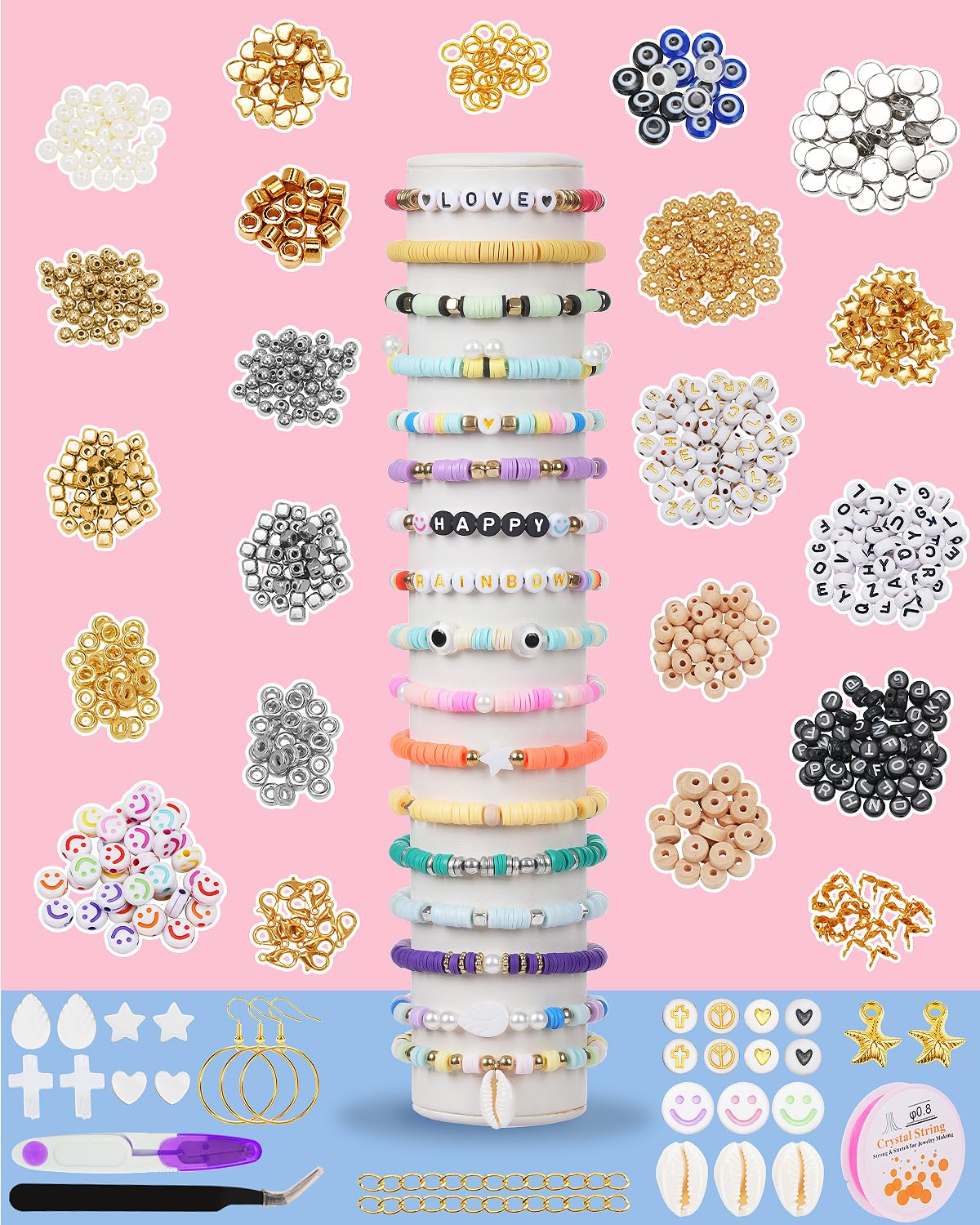 Mio Angle Clay Beads 2 Boxes 24 Colors Bracelet Making Kit, Round Letter Beads with Charm and Elastic Strings, Friendship Bracelets Holiday Gifts for Girls Adults