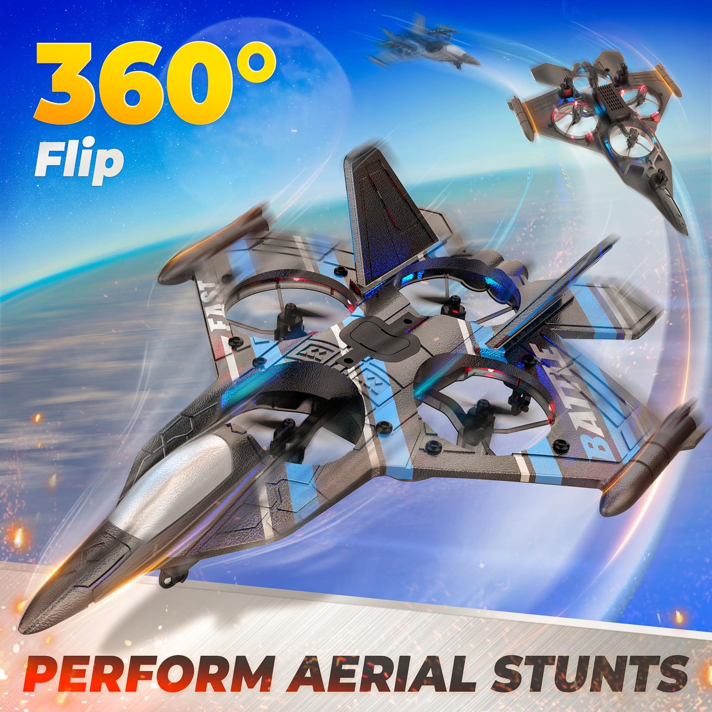 BEZGAR Drones for Kids | 2.4GHZ RC Plane | Remote Control Airplane, RC Helicopter, 360° Flip Fighter Jet Toy, Toys for ages 8-13 with Colorful LED Navigation Lights Blue