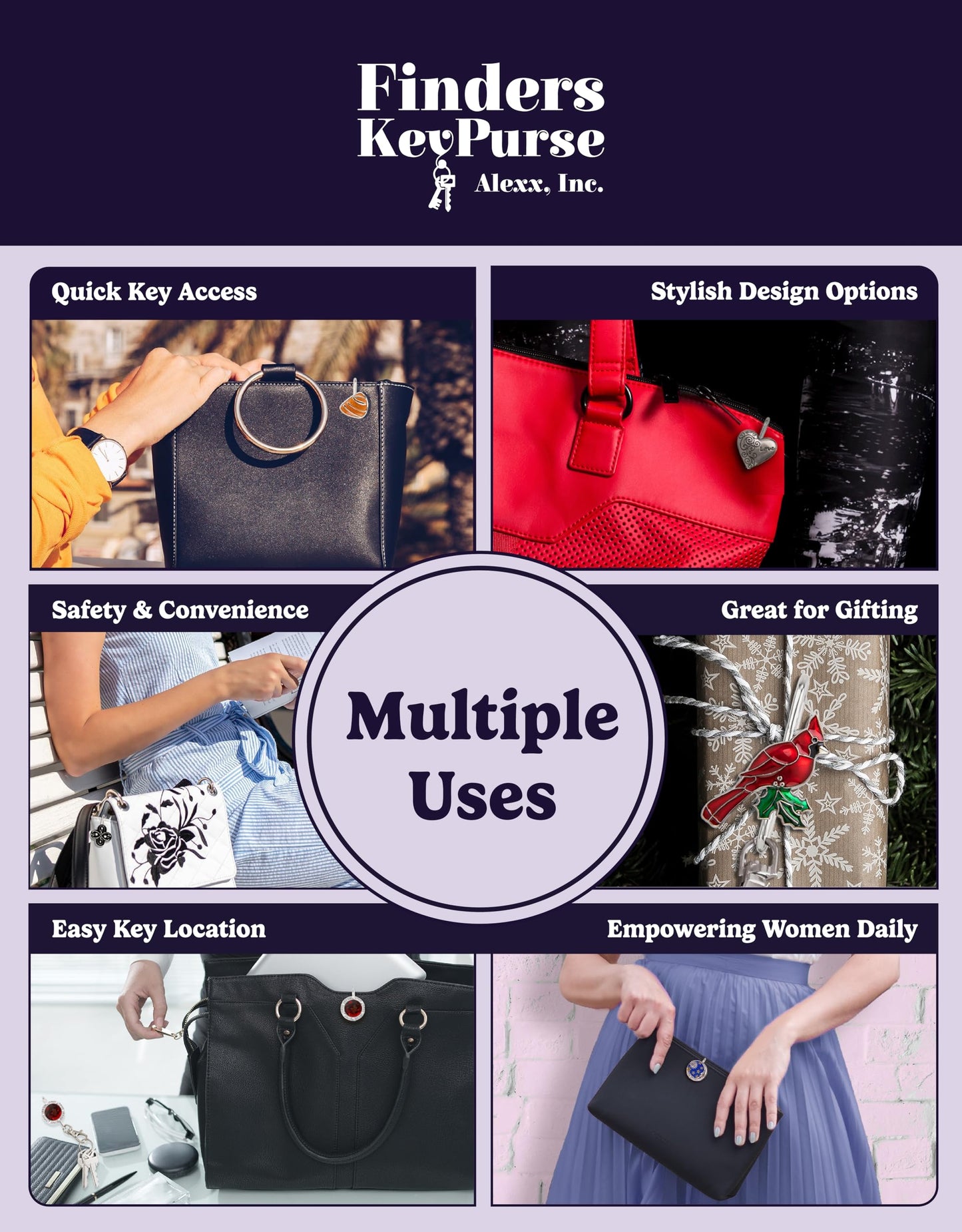 Women’s Bag Charm Key Finder, Car Keychain Hook, Cute Purse Organizer & Tote Bag Accessories, Gifts for Mom - Silver Floral