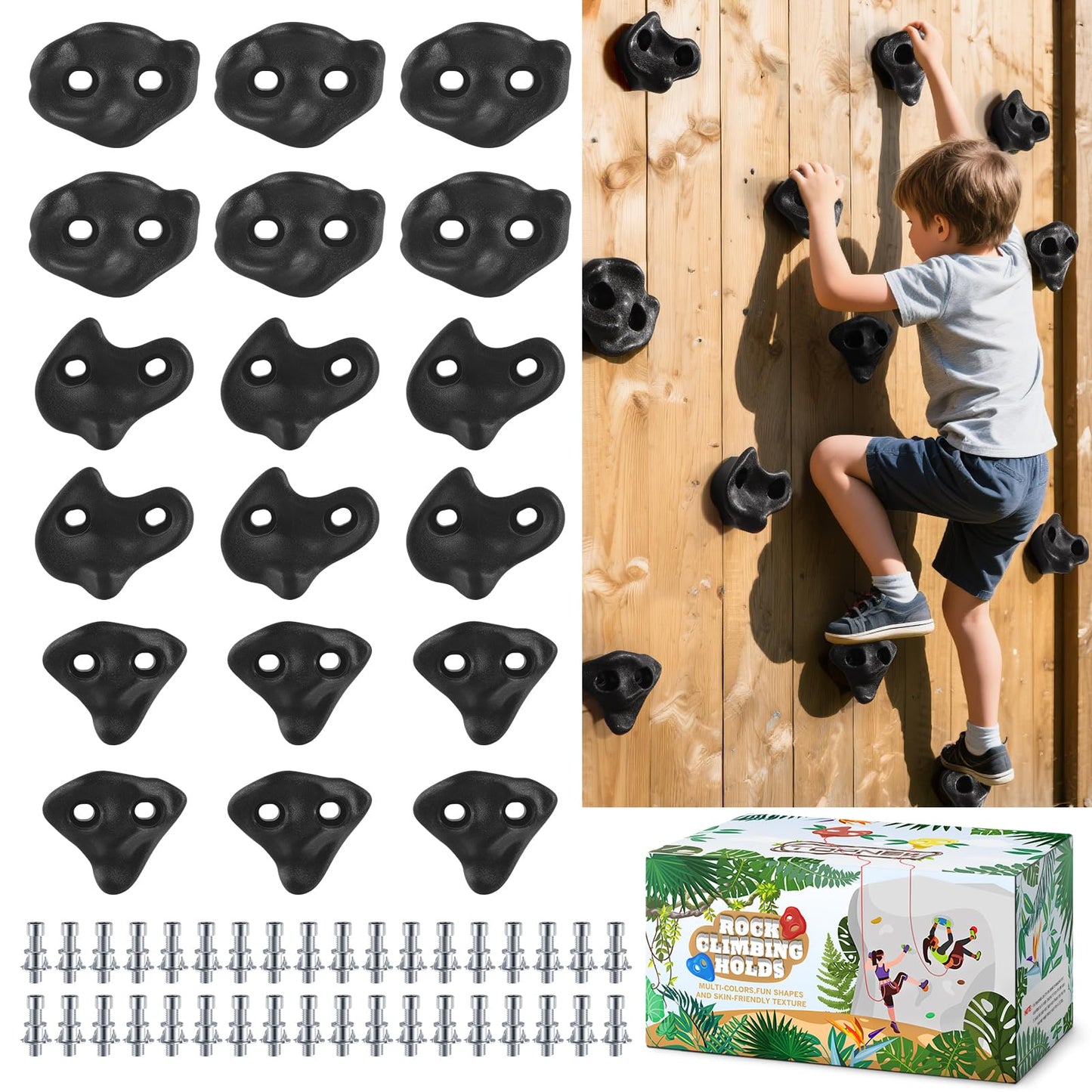 TOPNEW 24PCS Climbing Holds for Kids,Large Adult Rock Wall Holds with 4 Handles for Play Set, Rock Wall Climbing Kit with Mounting Hardware for Indoor and Outdoor Climbing - Black